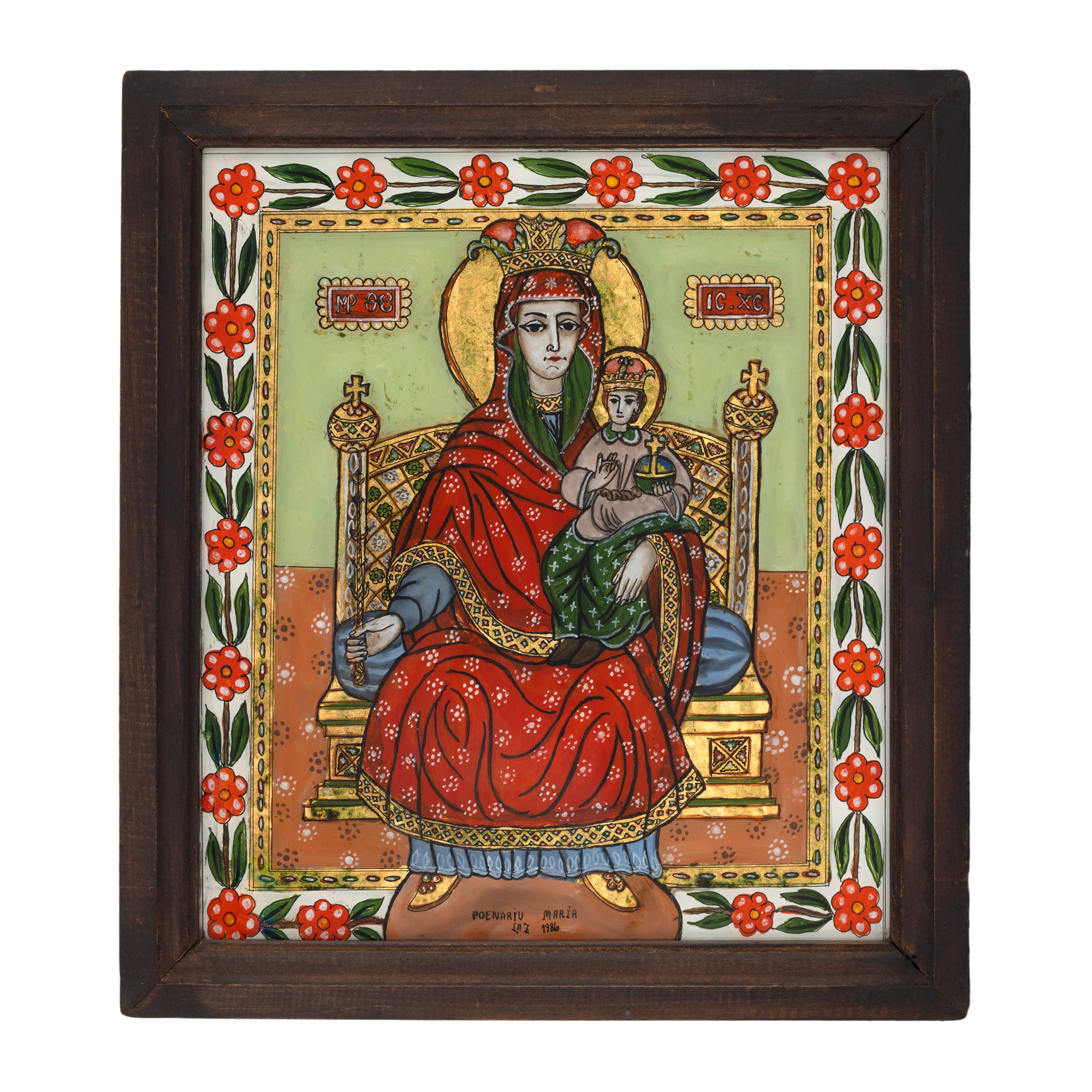 Glass icon, "The Mother of God on the throne", by Maria Poenariu, Laz, 1986