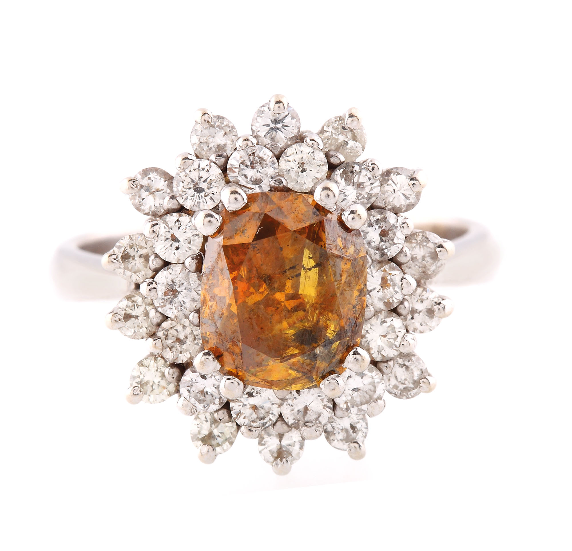 White gold ring ornate with diamonds and central yellow diamond