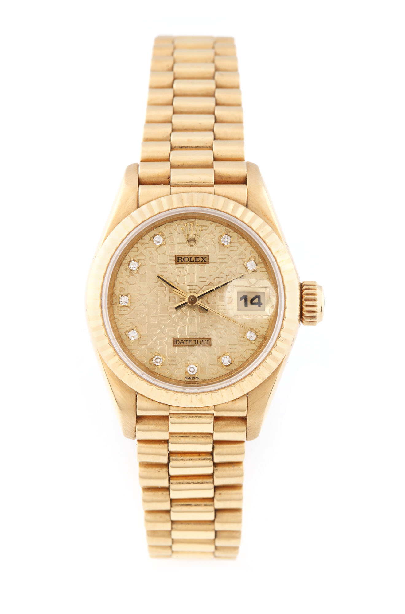 Ceas Rolex de mână, de damă, din aur, automatic și cadran decorat cu diamante
