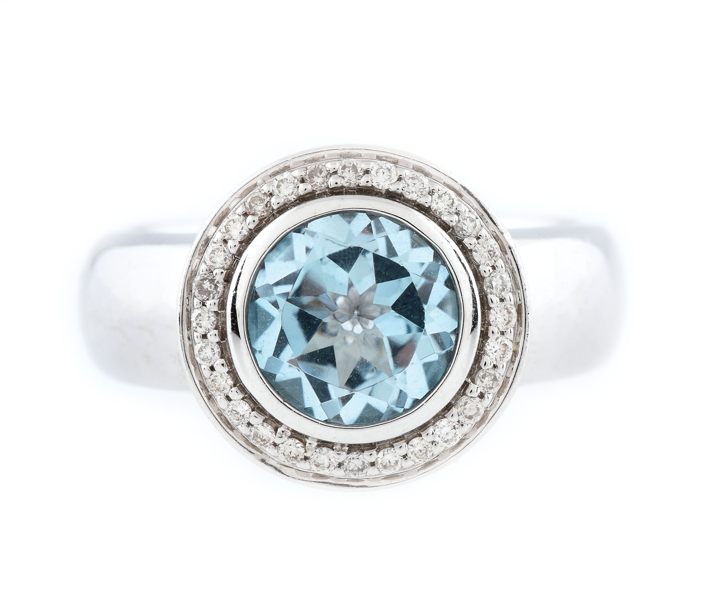 Inel din aur alb, decorat cu topaz circumscris de diamante