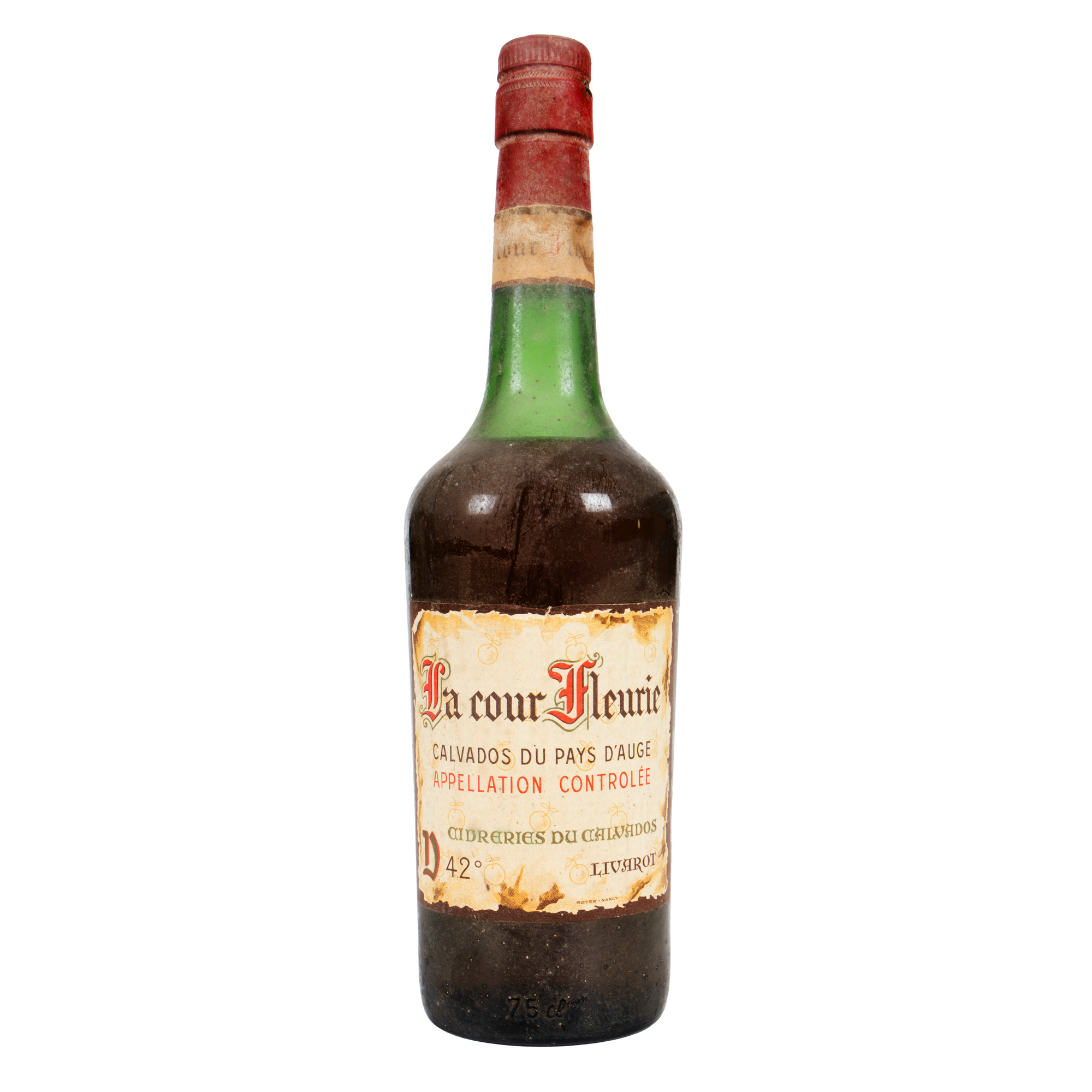 Calvados La Cour Fleurie Livarot, anii 1950, 1st x 0,75l