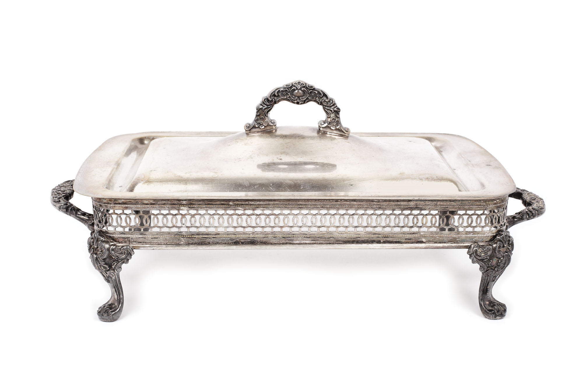 Vegetable container on curved legs, richly and eclectically decorated with medallions, floral and vegetal motifs