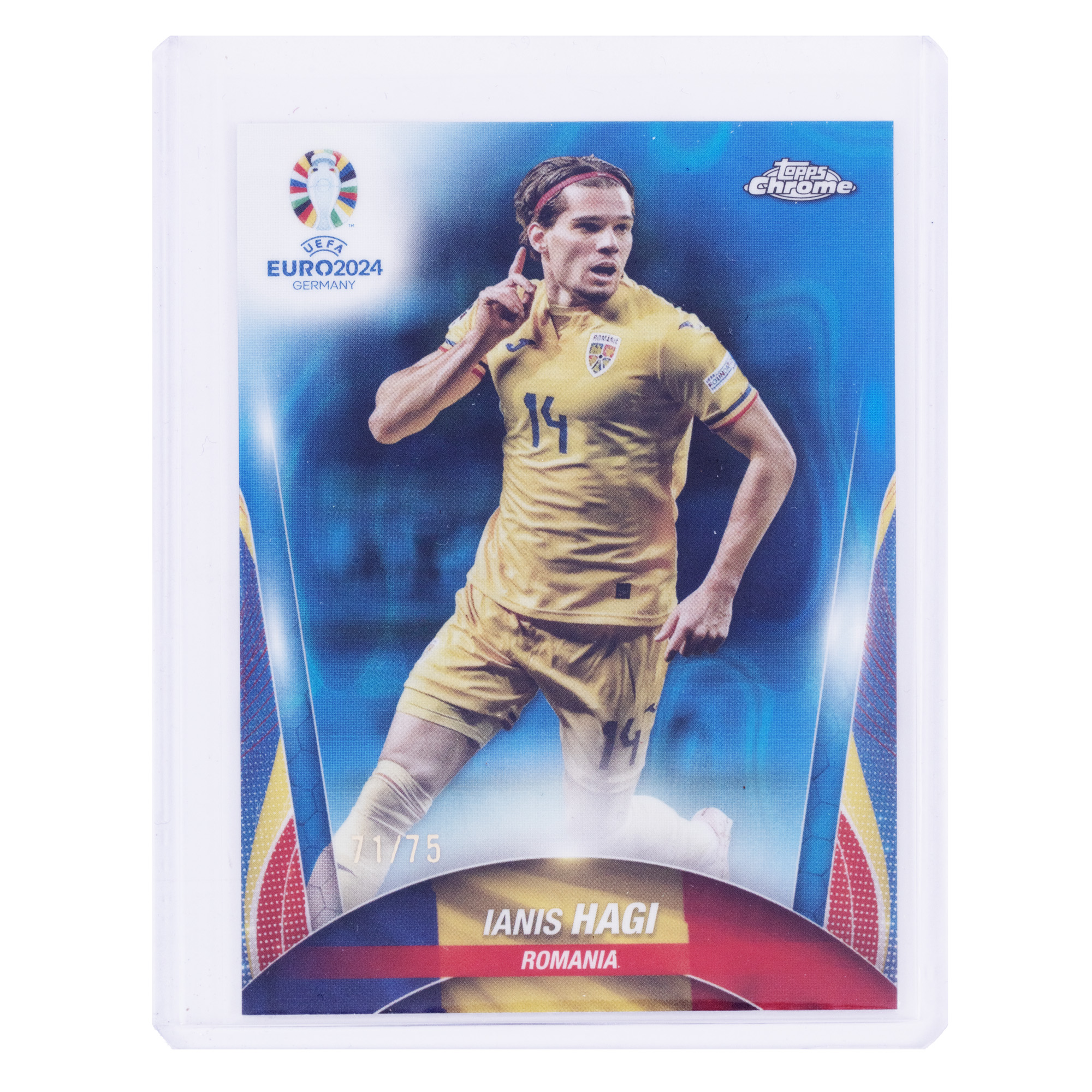 Cartonaș Topps, ediție limitată cu ocazia EURO 2024, reprezentându-l pe Ianis Hagi, nr. 71/75