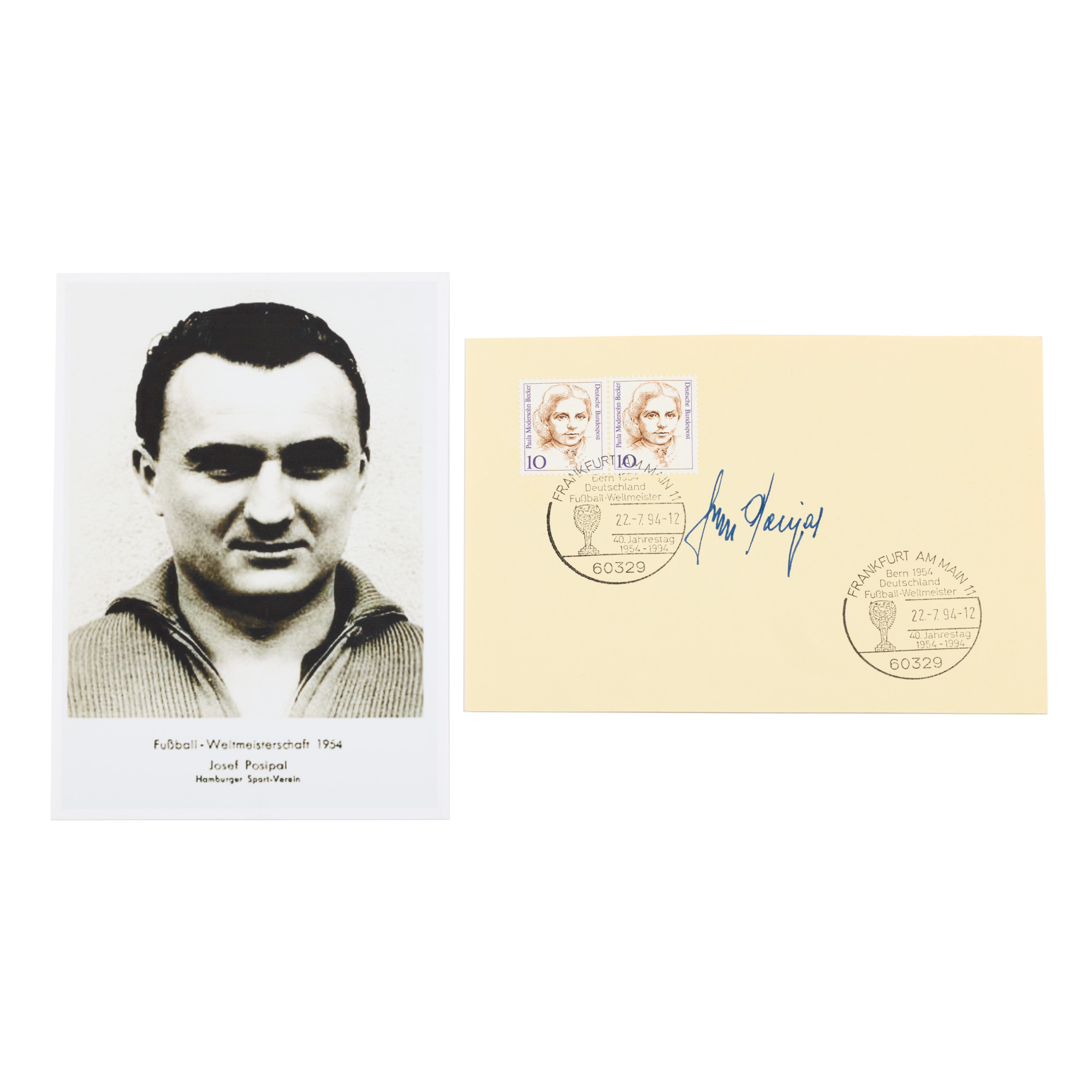 Lot format din fotografie de presă, reprezentându-l pe Josef Posipal, și autograful acestuia pe o machetă pentru celelbrarea a 40 de ani de la Campionatul Mondial de Fotbal din 1954 