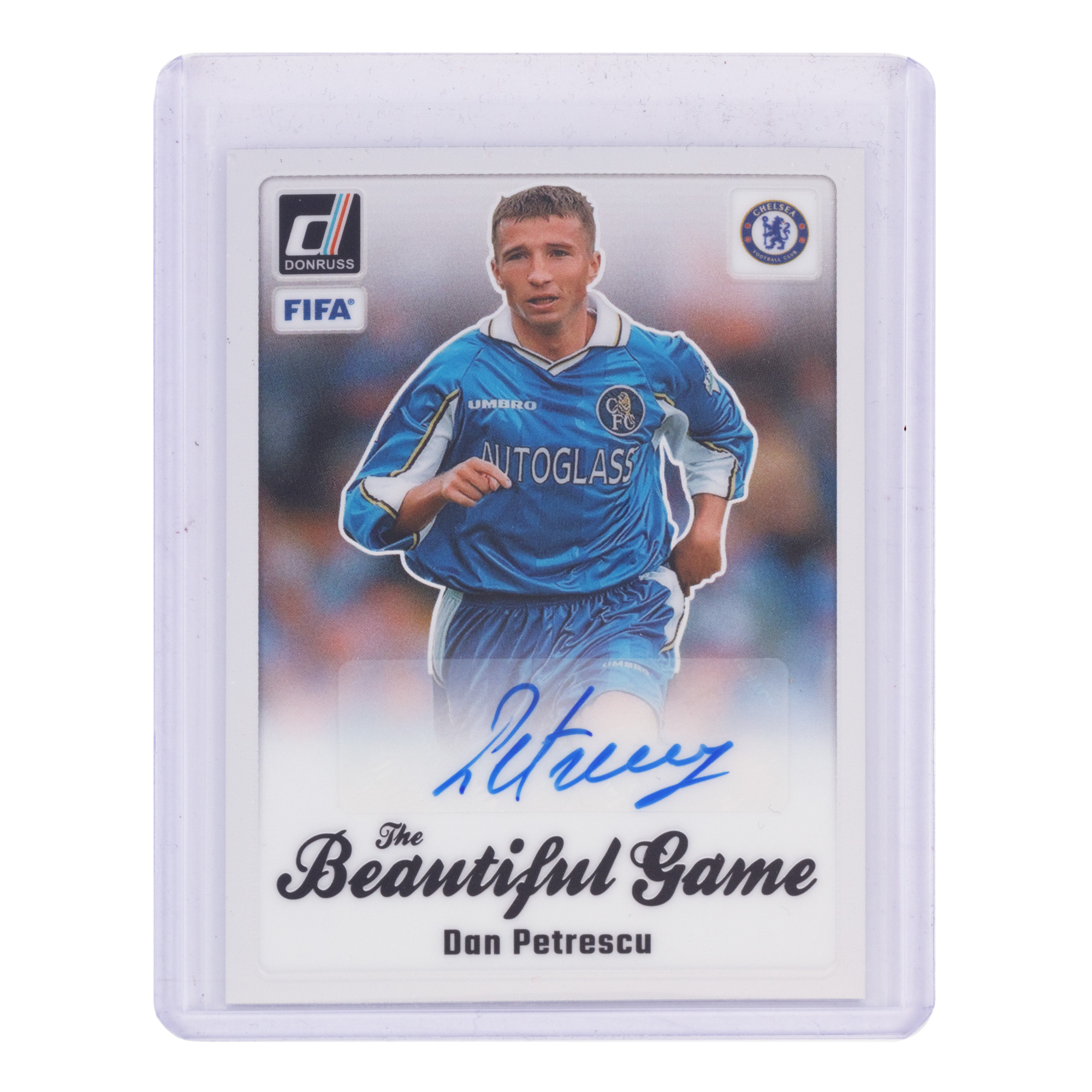 Panini Donruss Soccer Card, featuring Dan Petrescu at FC Chelsea, with a sticker of the athlete's holographic signature