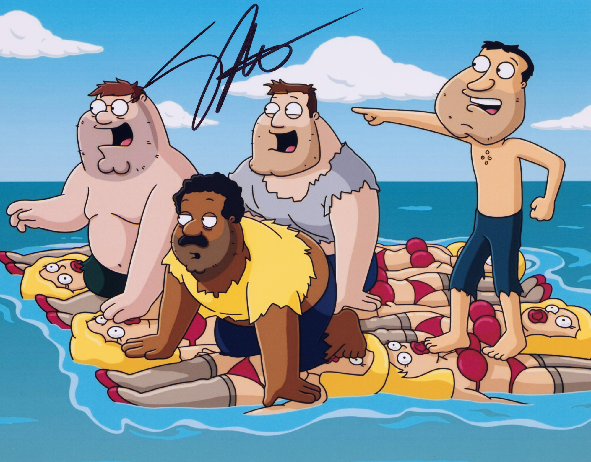 Photograph illustrating a scene from the animated film Family Guy, with the handwritten signature of Seth MacFarlane, the creator of the series, accompanied by a certificate of authenticity