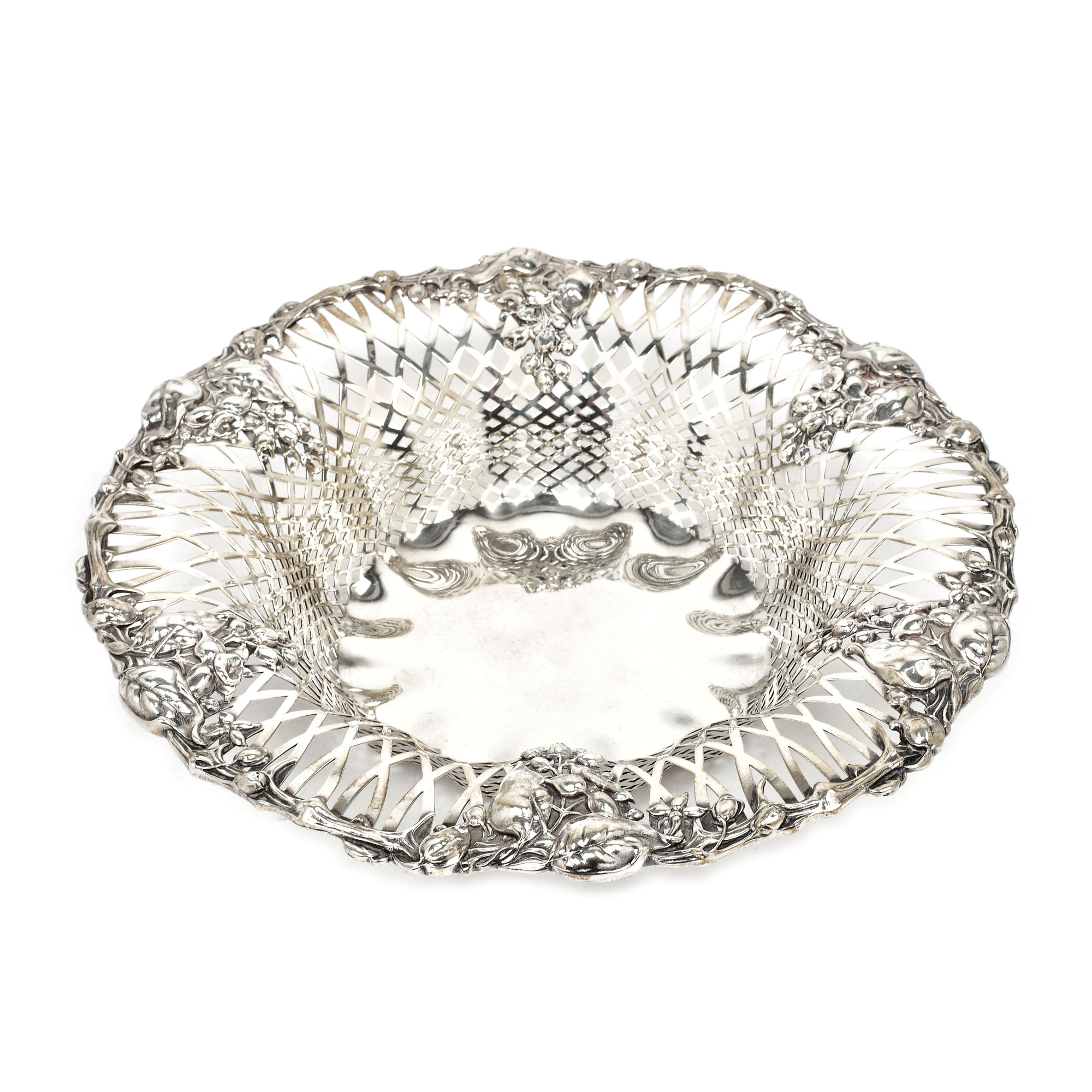 Jams Caldwell silver fretwork basket decorated with floral medallions in the Art Nouveau manner, ca. 1900