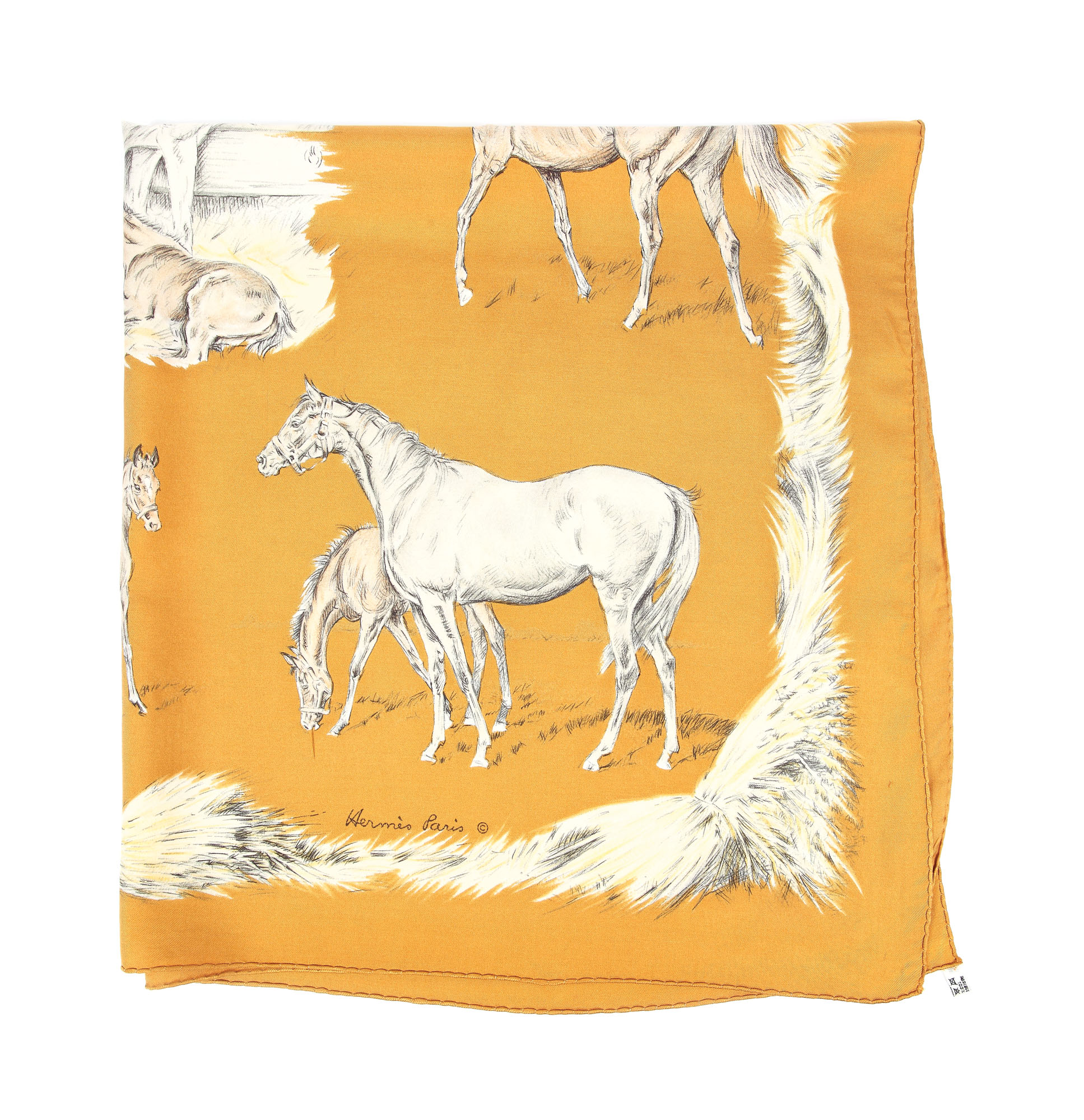 Eșarfă Hermès Les Poulains, designer Xavier de Poret, din mătase naturală, 1960