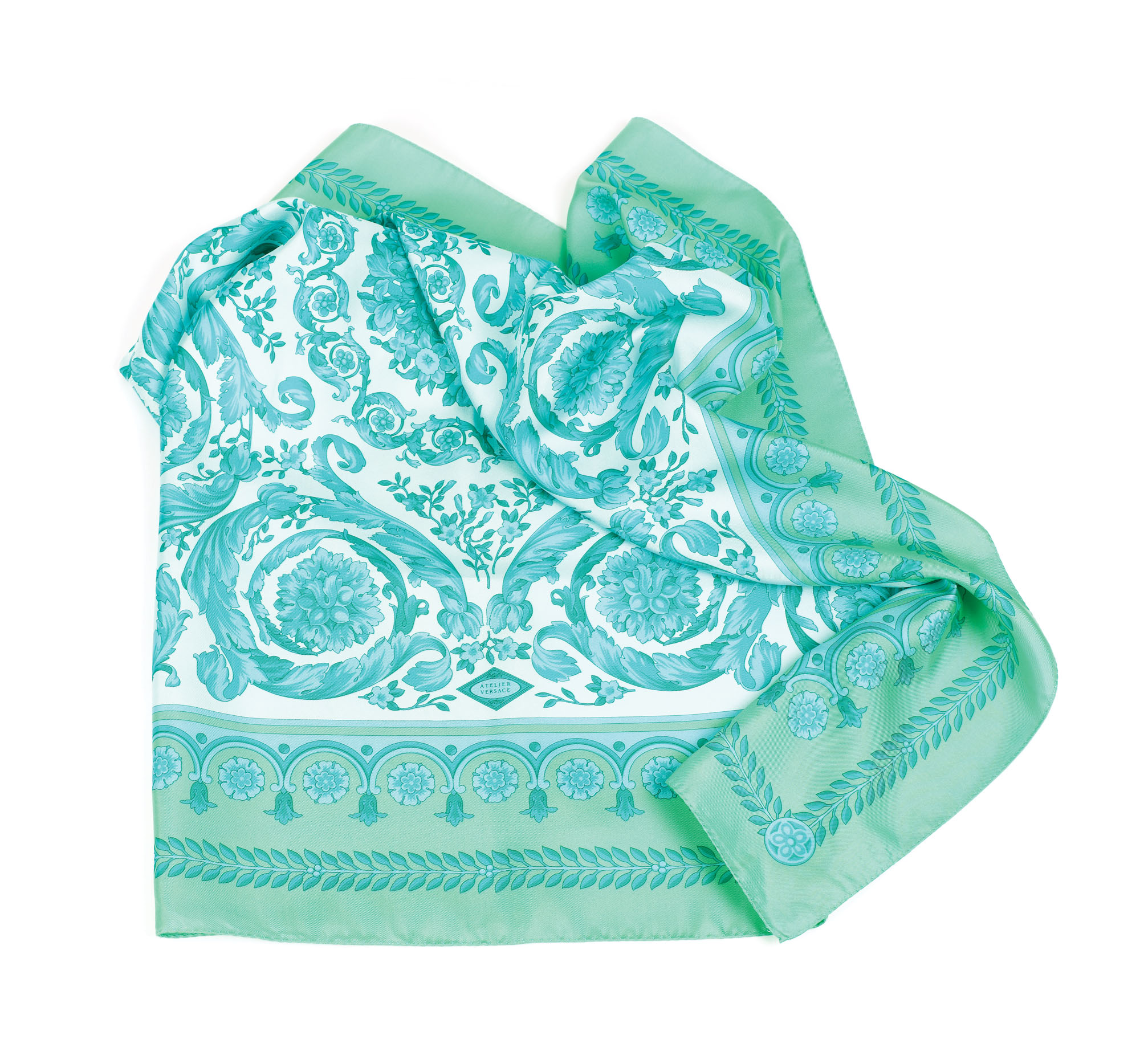 Versace scarf decorated with greenish-blue paisley, natural silk