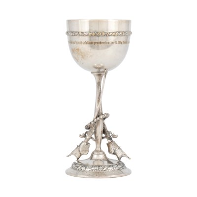 Silver-plated hunting trophy WMF, decorated with two rifles, flower garlands, German inscription, cca. 1937