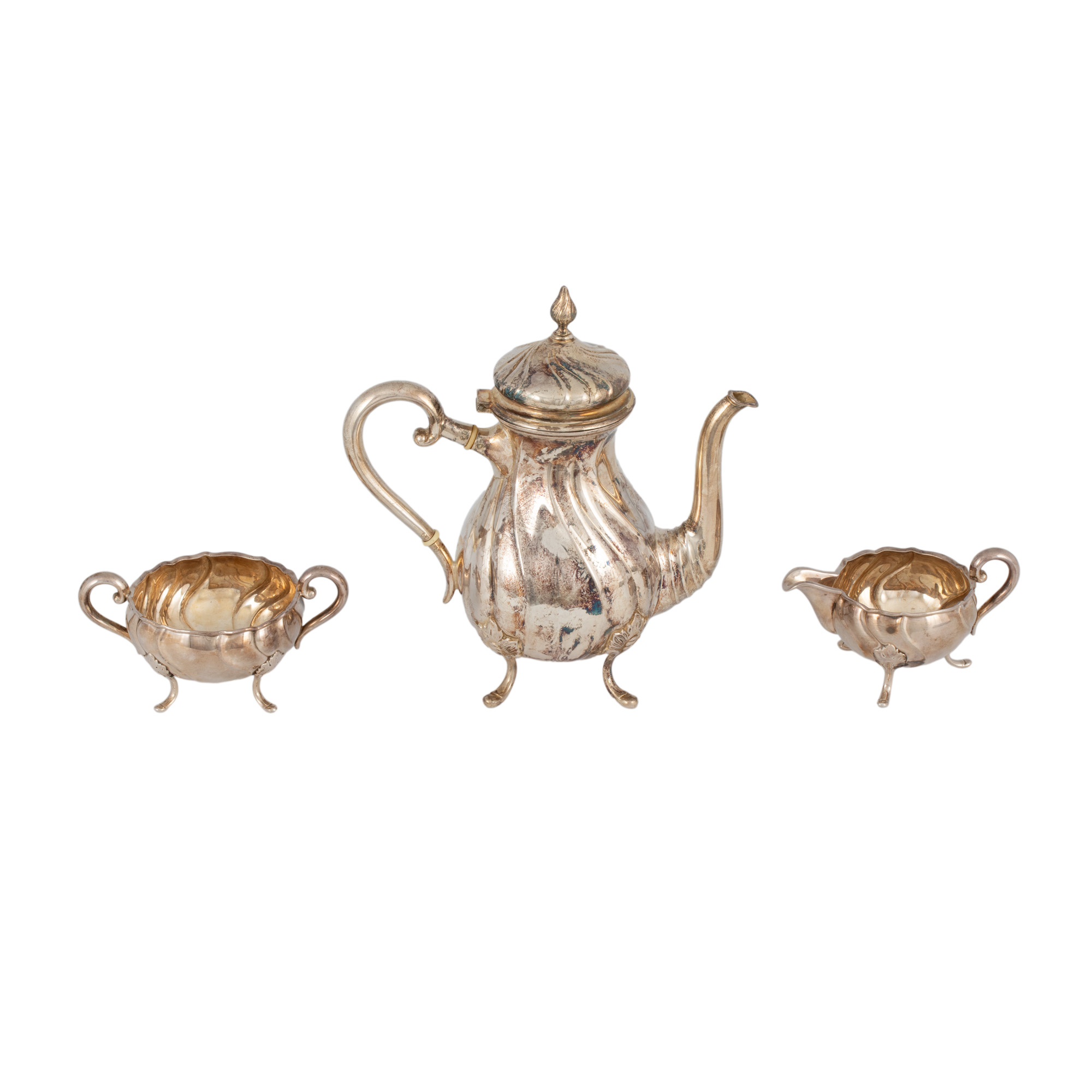 Silver tea or coffee set, consisting of teapot, sugar bowl and milk jug