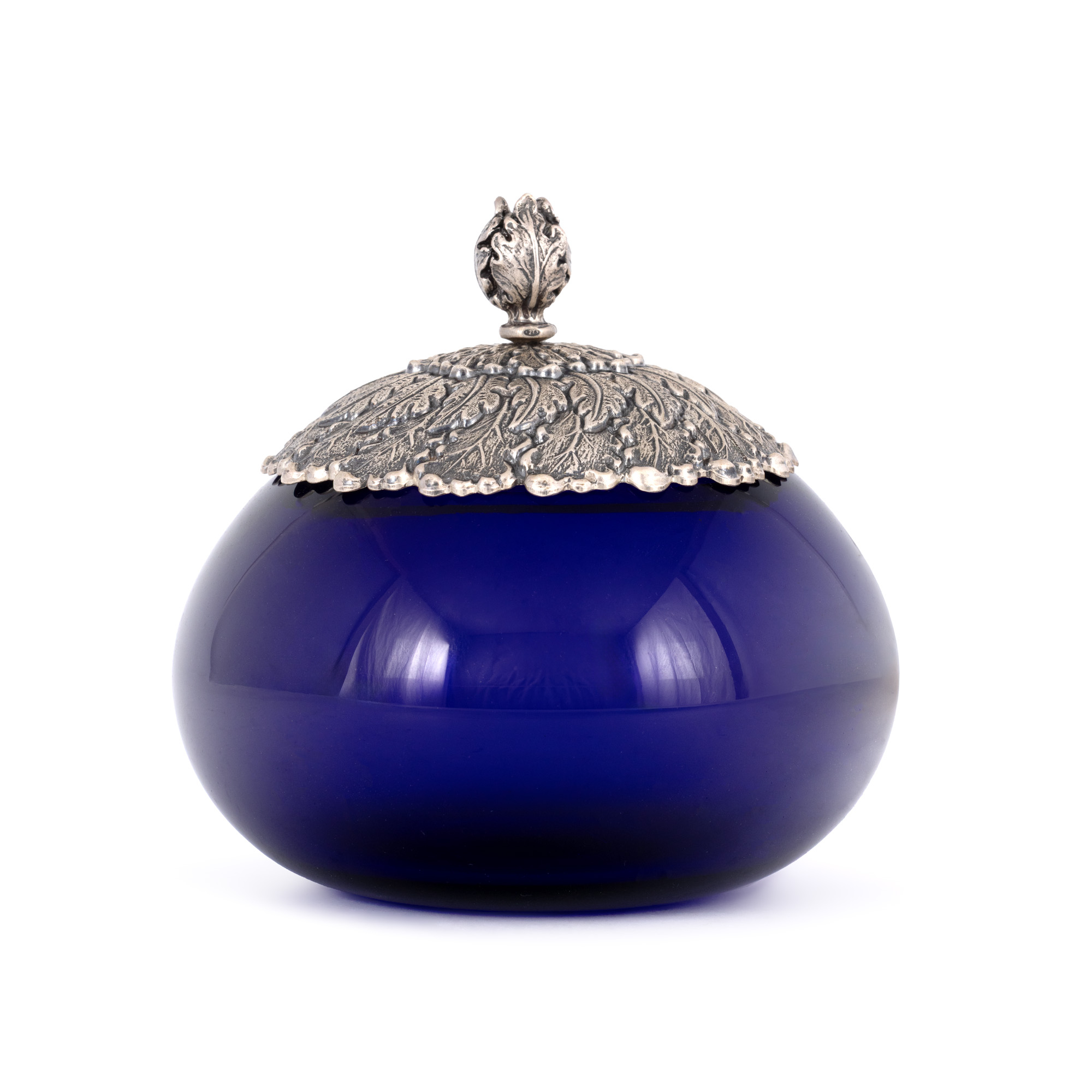 Bombonieră Buccellati, din sticlă cobalt și argint, în cutia originală