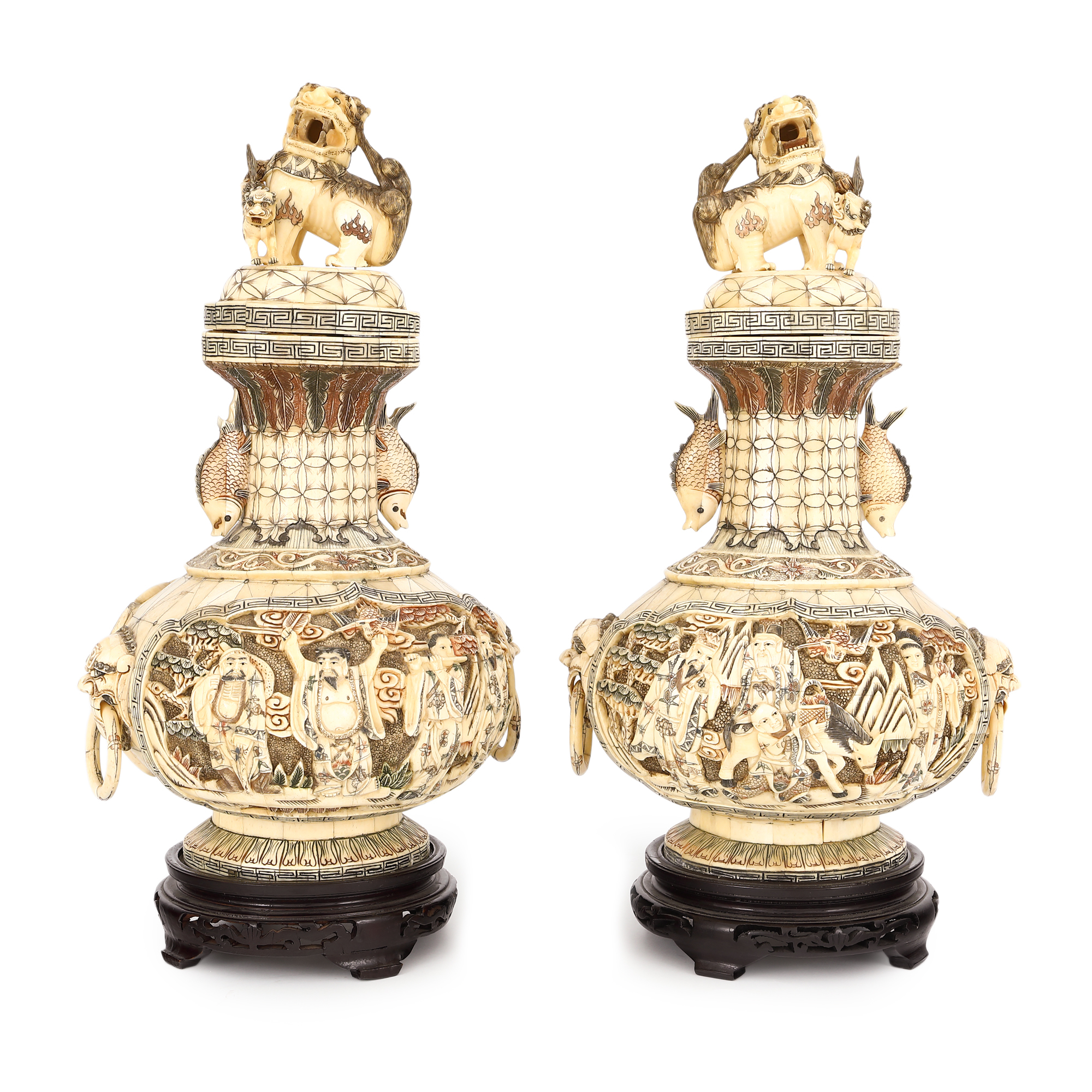 Pair of carved bone vases, Meiji period, Japan, 19th century