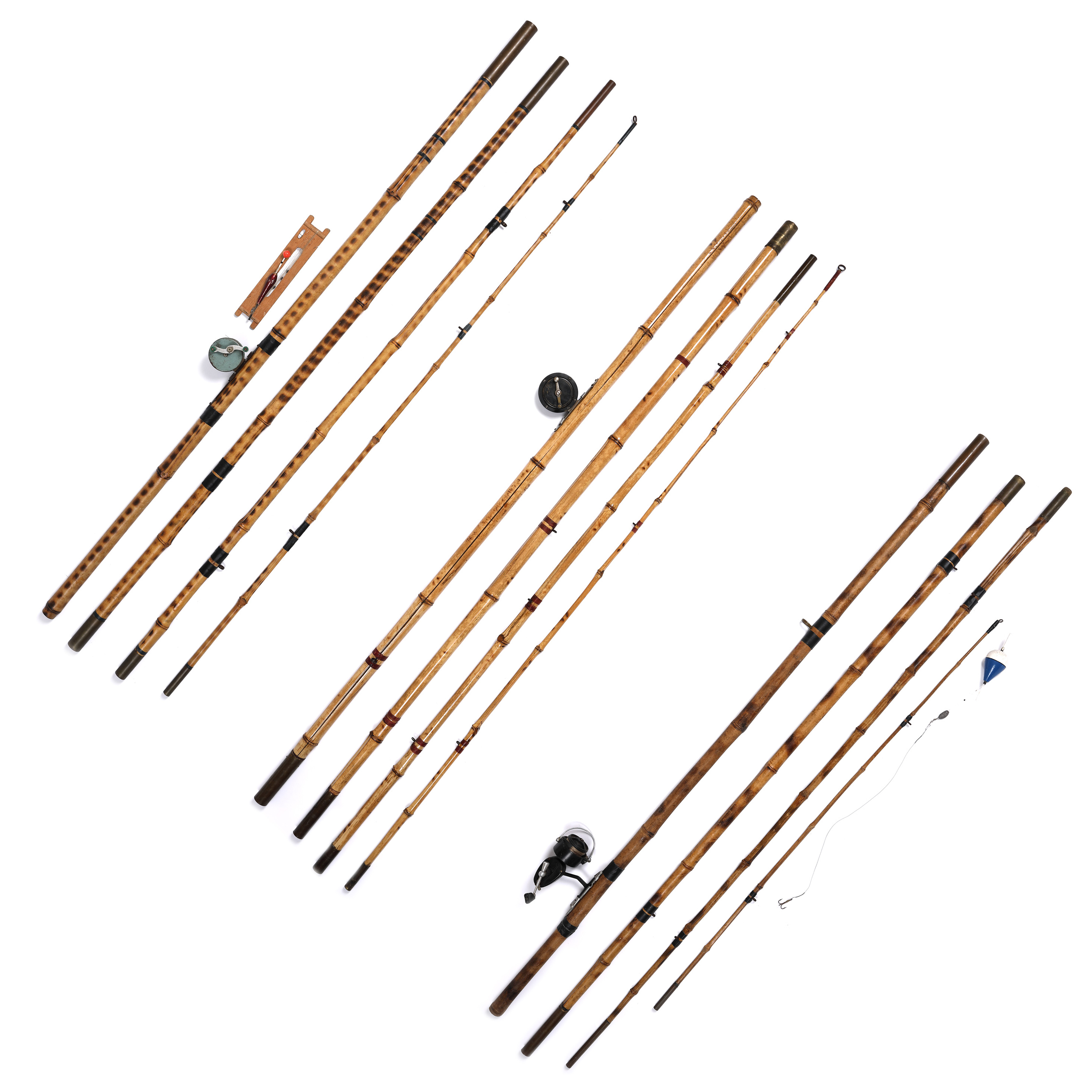Lot consisting of three bamboo fishing rods, France, mid 20th century