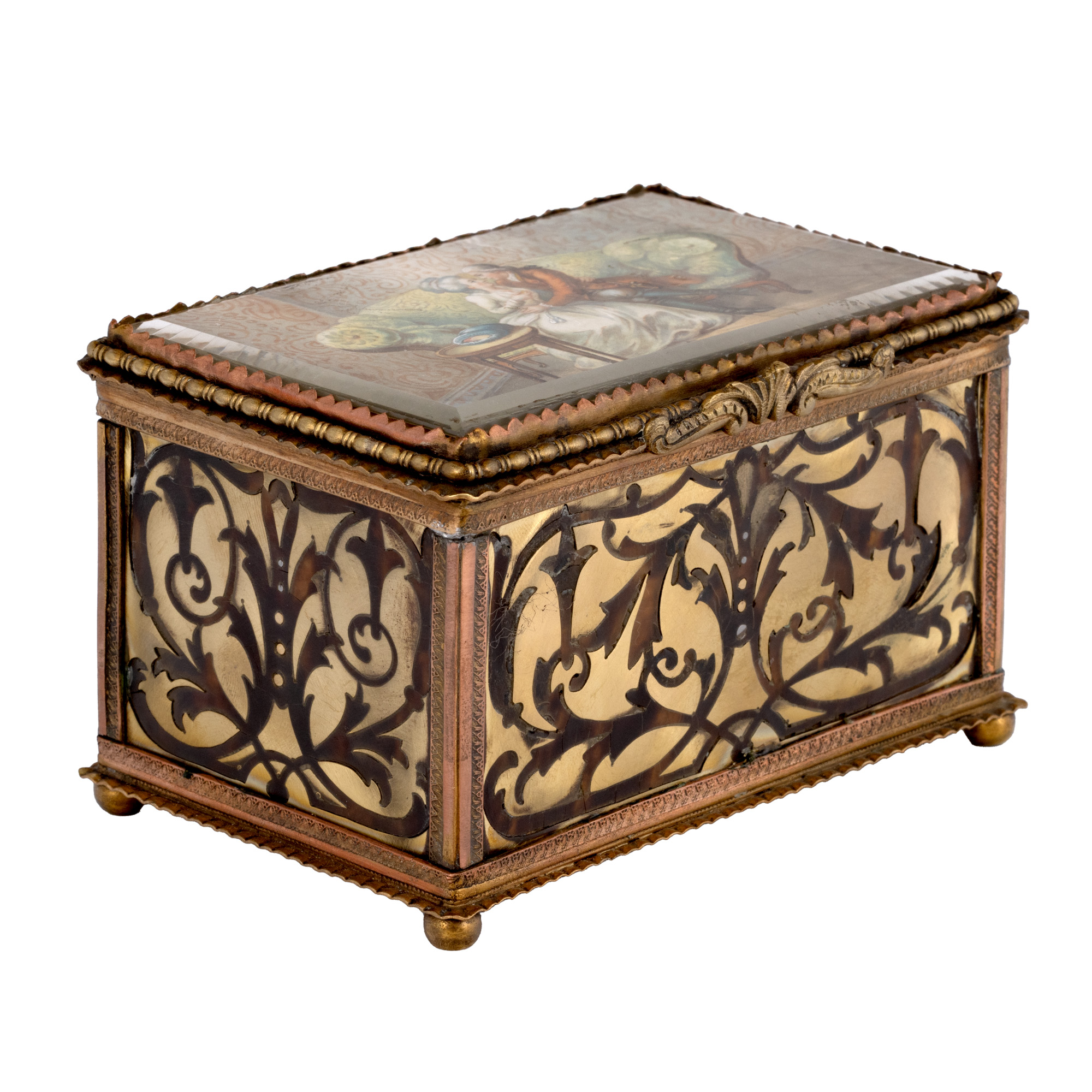 Jewelry box, made of gilded bronze, painted ivory and mother-of-pearl, adorned with gallant scene