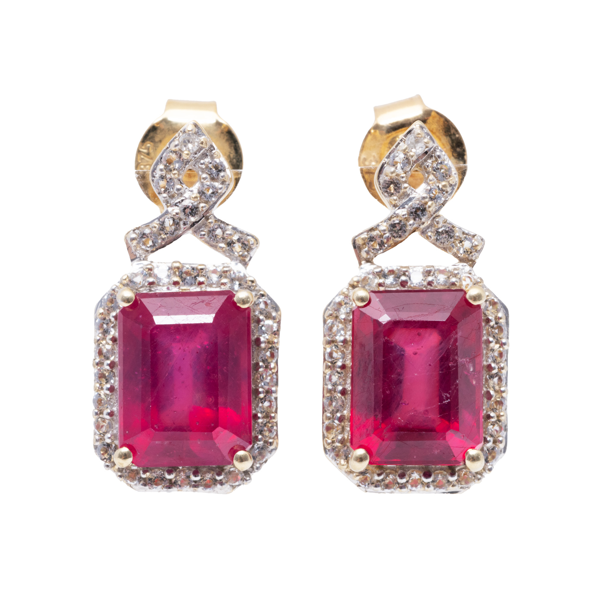 Pair of gold earrings, decorated with diamonds, rubies and topazes