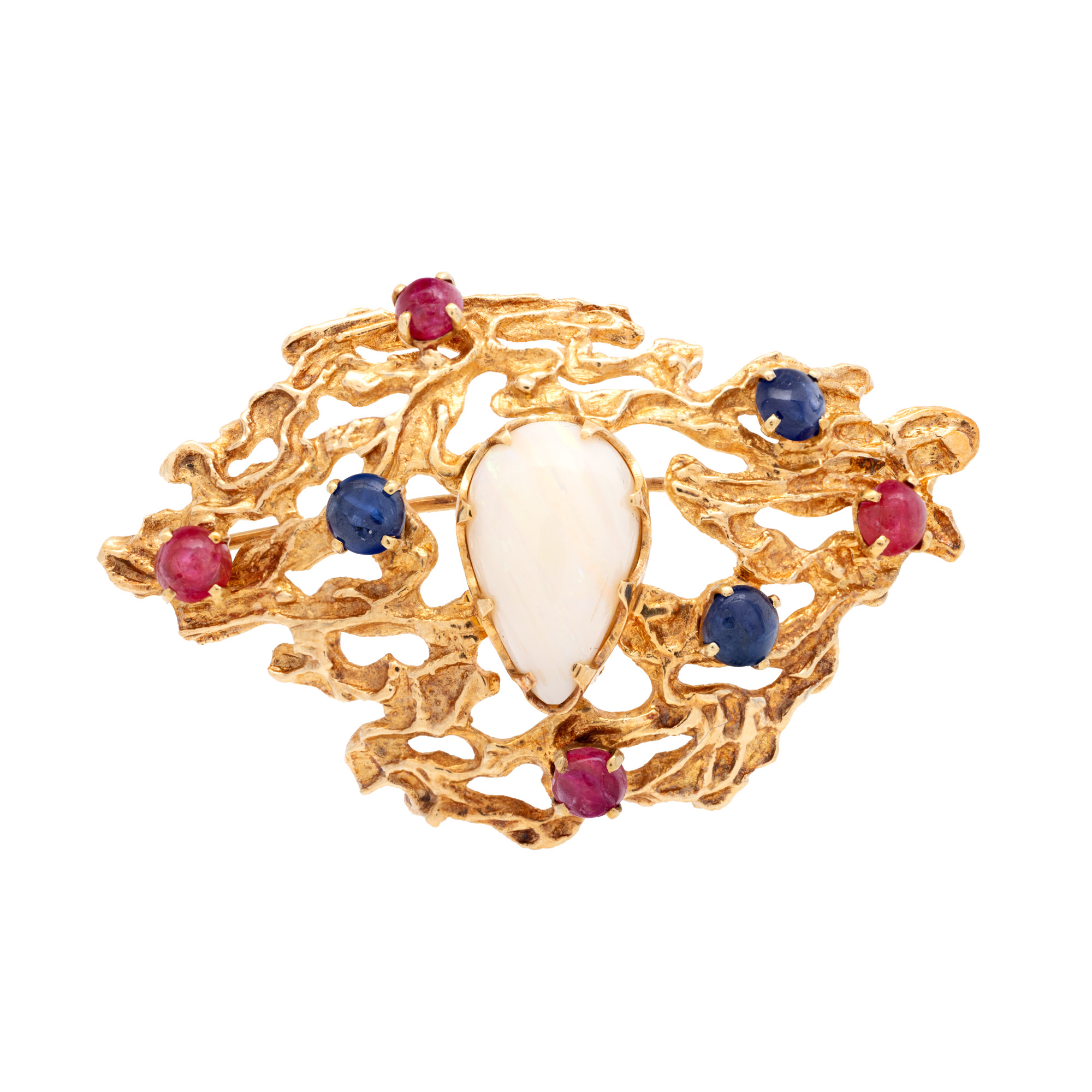 Gold Brooch Decorated with Sapphires and Opal