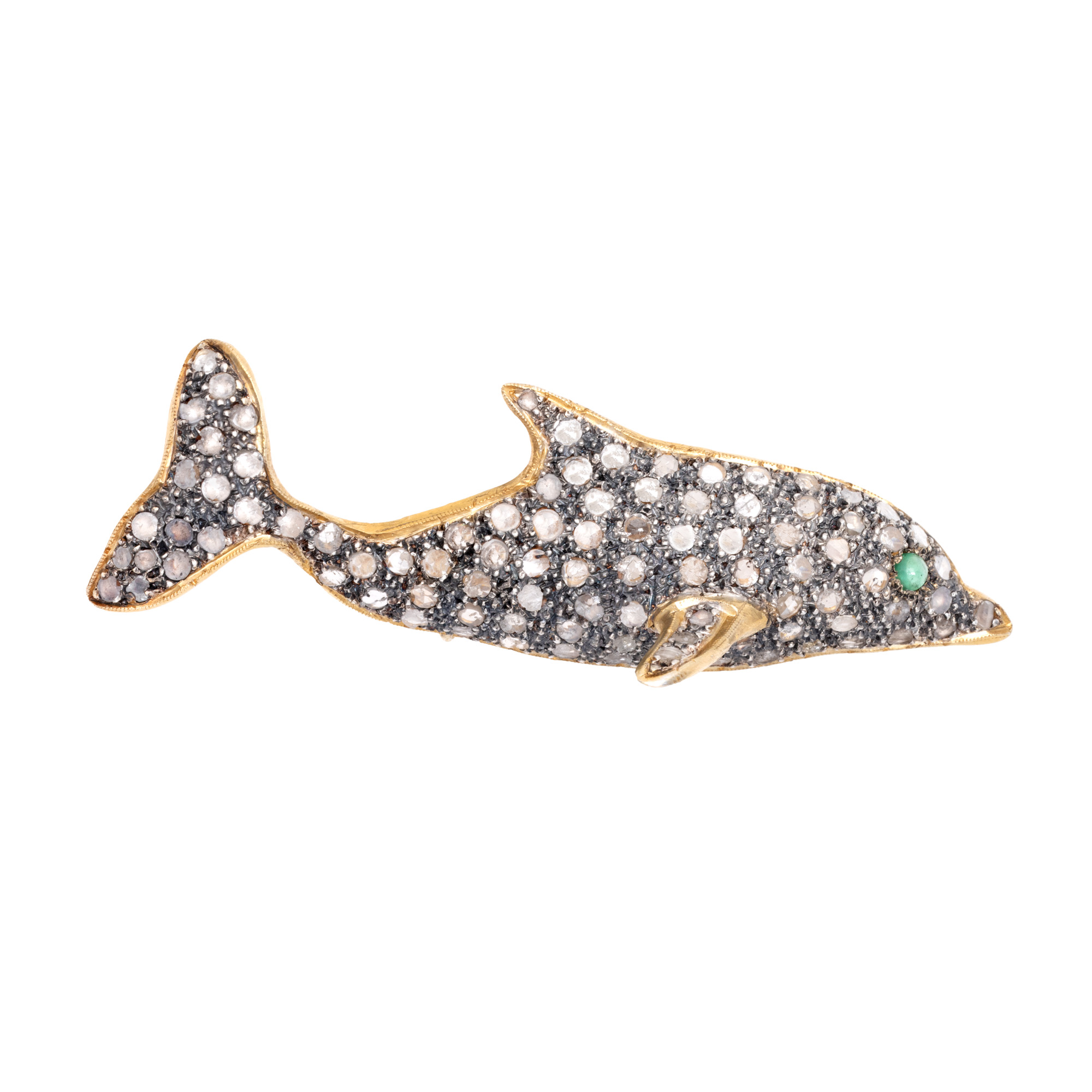 Broșă-pandantiv, din argint aurit, sub forma unui delfin, decorată cu diamante și smaralde