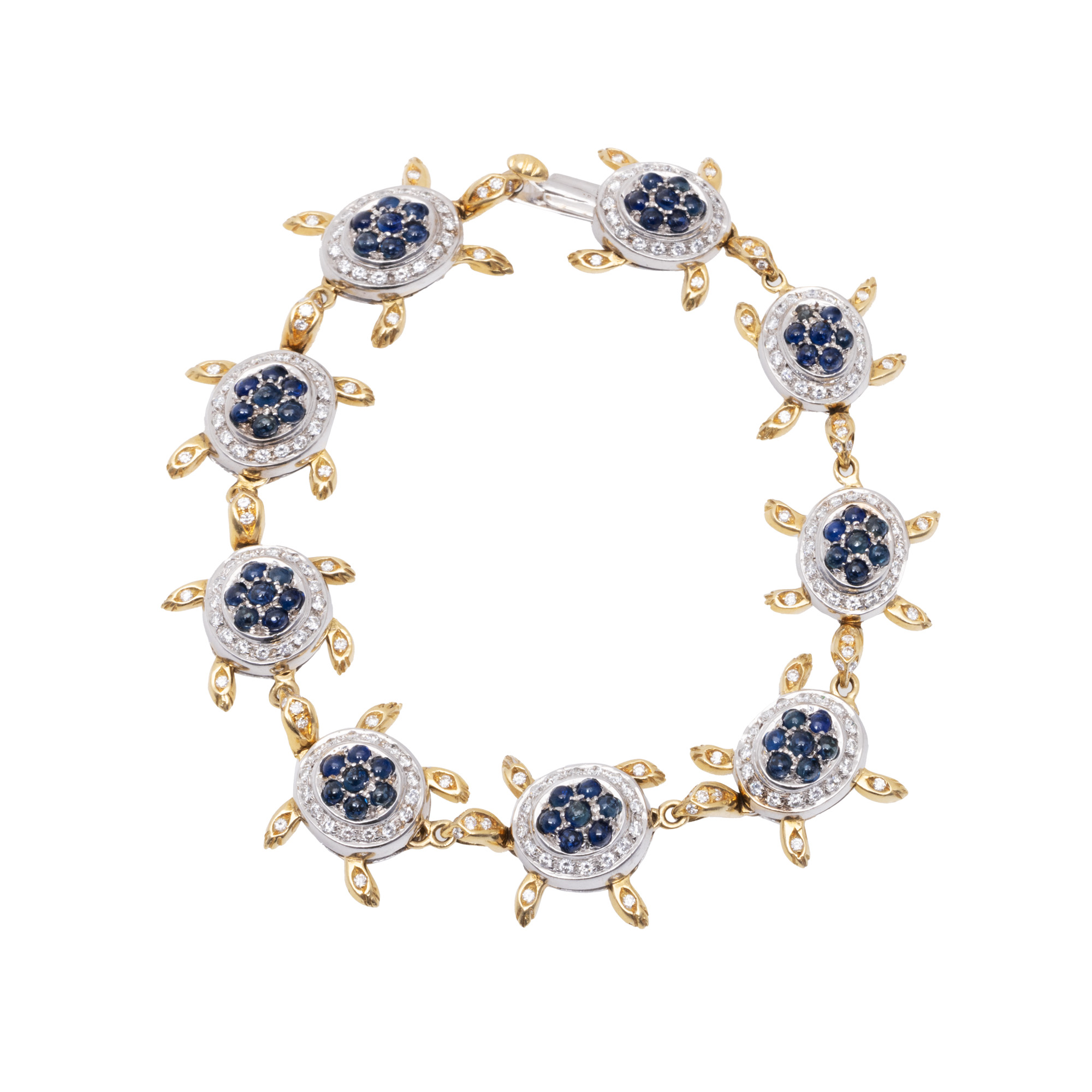 Bicolor gold bracelet in the shape of turtles, decorated with diamonds and sapphires, accompanied by an additional gemological certificate