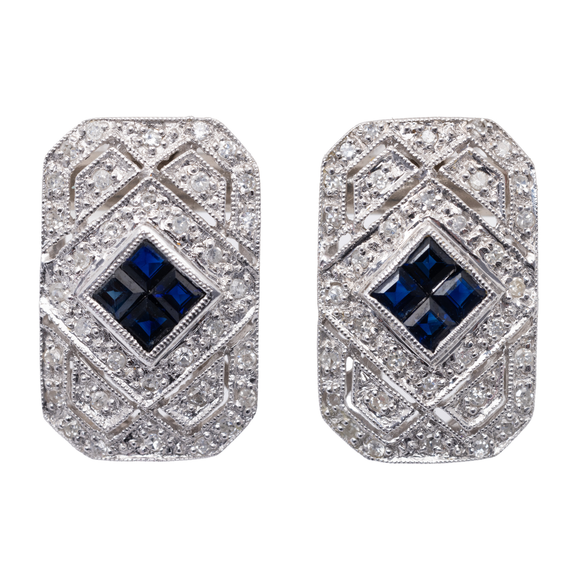 Pair of white gold earrings, decorated with sapphires and diamonds