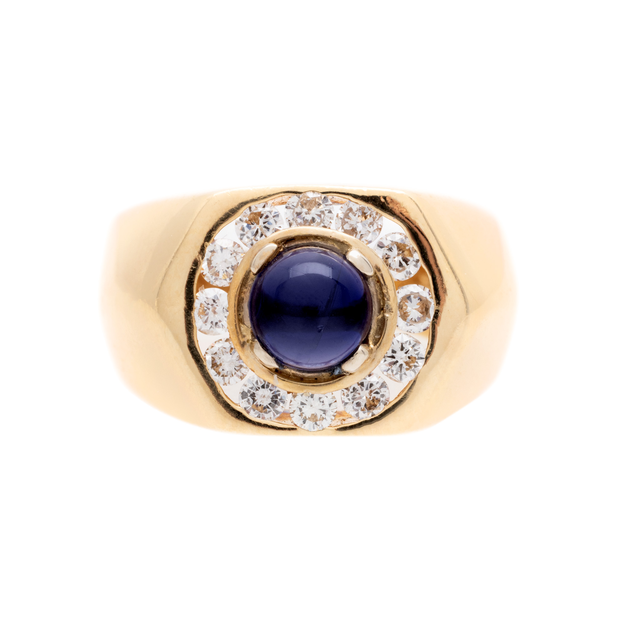 Gold ring, decorated with cabochon iolite, surrounded by diamonds