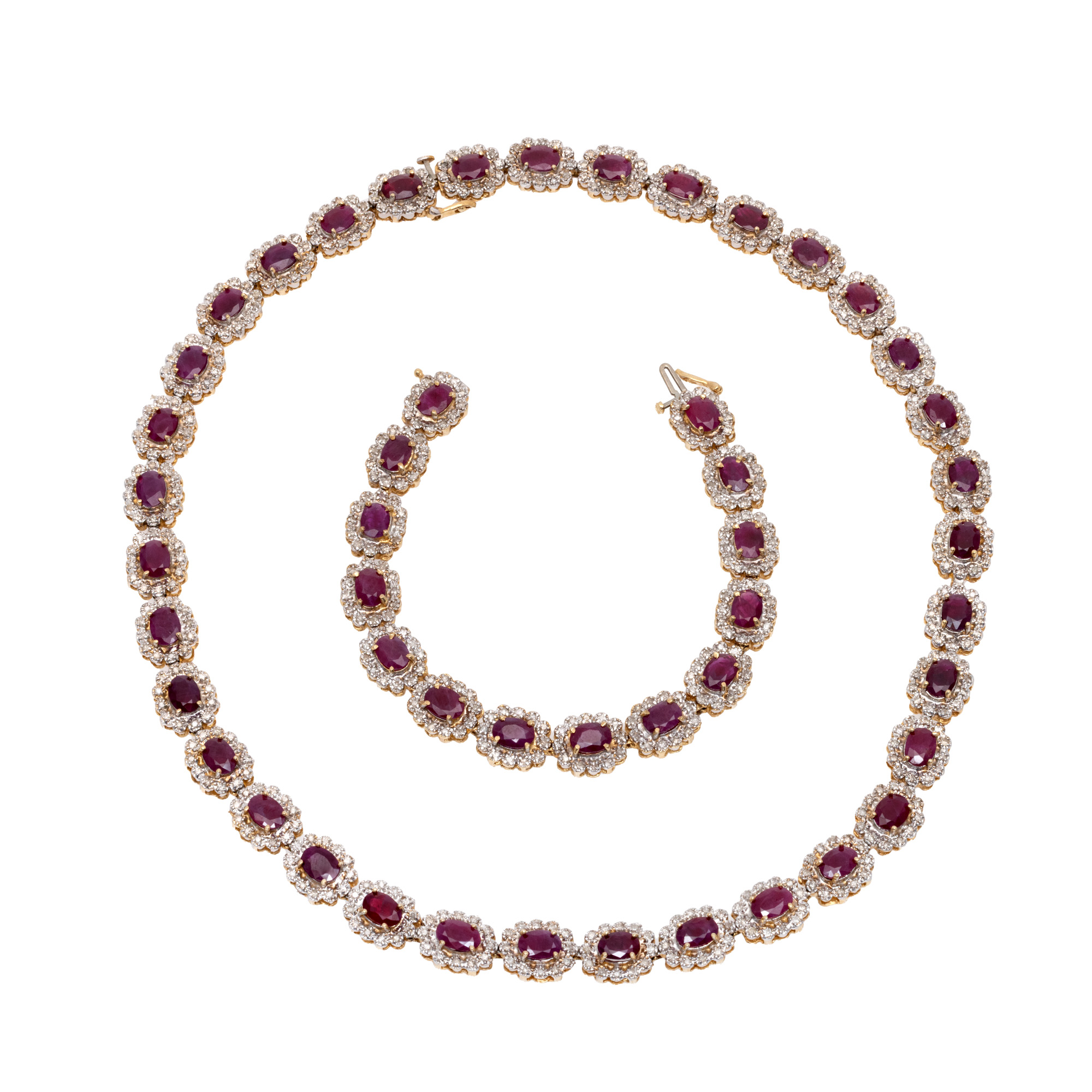 Gold Set, consisting of necklace and bracelet, decorated with diamonds and rubies