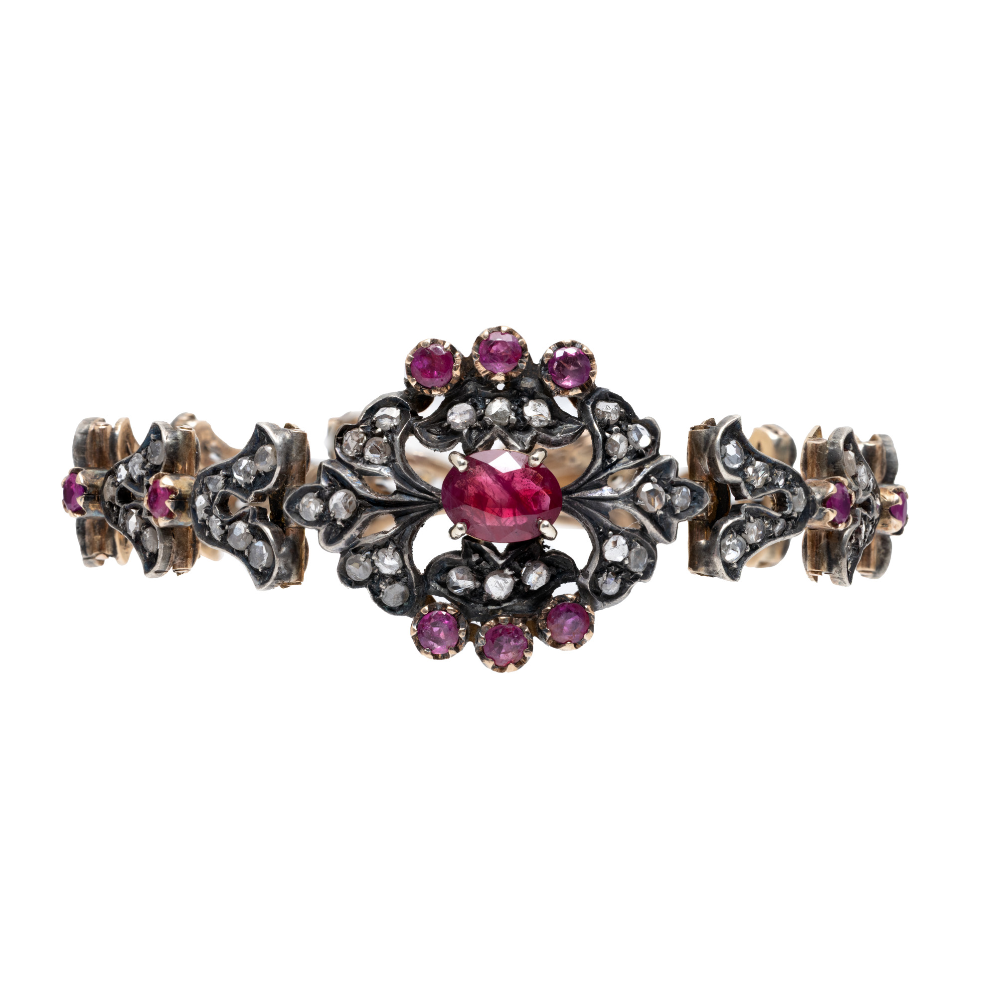 Gold and silver bracelet, decorated with sapphires, ruby and rose cut diamonds