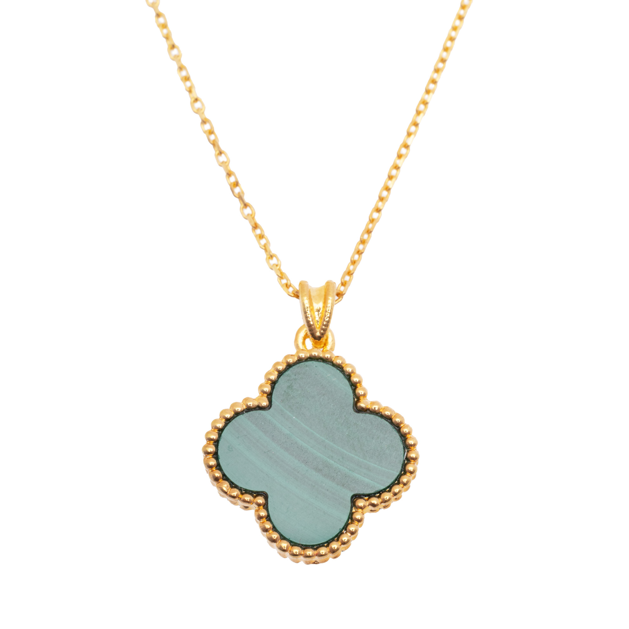 Lanț cu pandantiv Van Cleef & Arpels, din aur, model Alhambra, decorat cu malachit