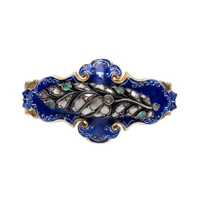”Midnight Blue” - impresionantă brățară, din aur și argint, decorată cu diamante, smaralde  și email, cca. 1870