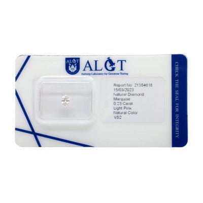 Diamant marquise, culoare light pink, cca. 0,23 ct., însoțit de certificat gemologic ALGT