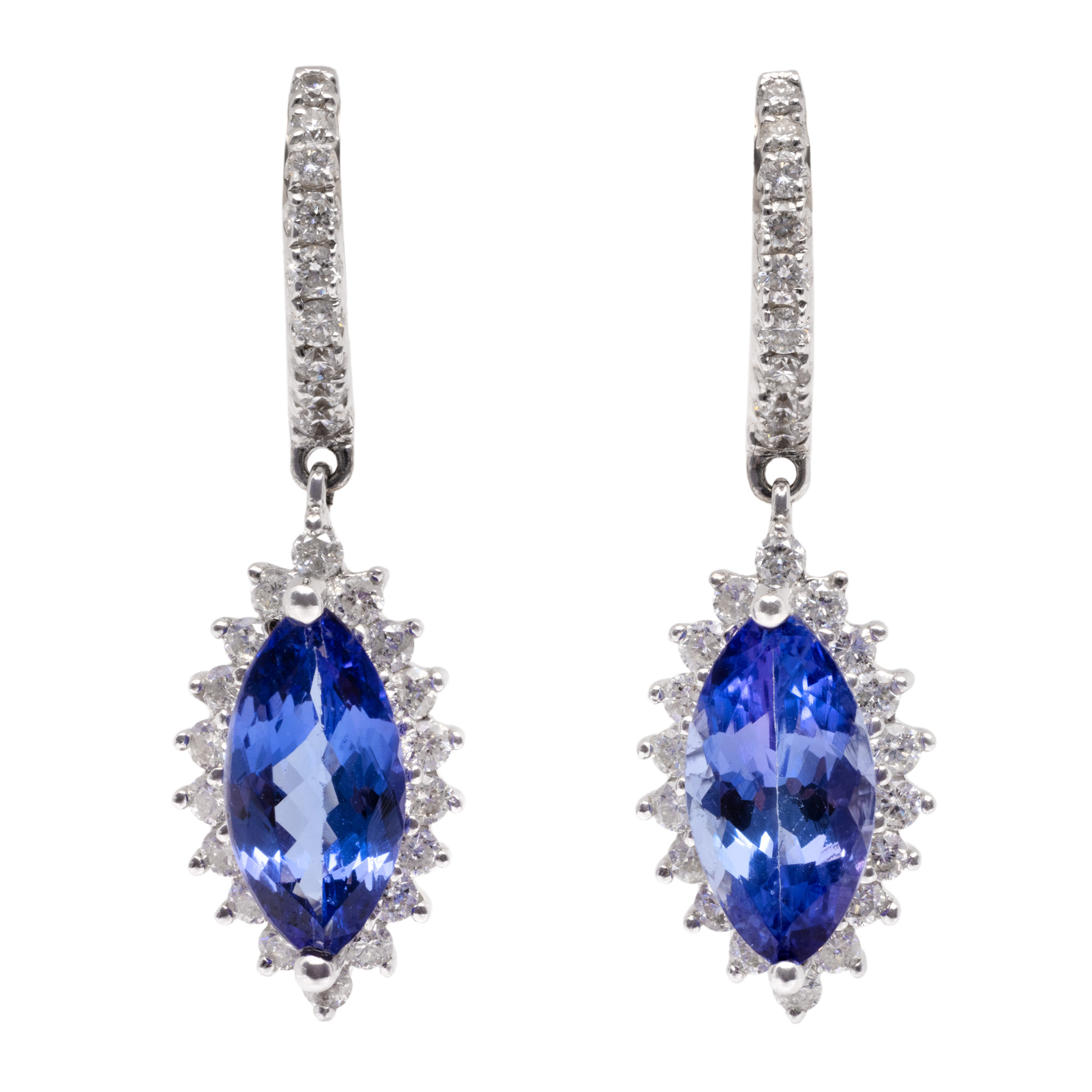 Pair of white gold earrings, decorated with tanzanites and diamonds, accompanied by additional gemological certificate