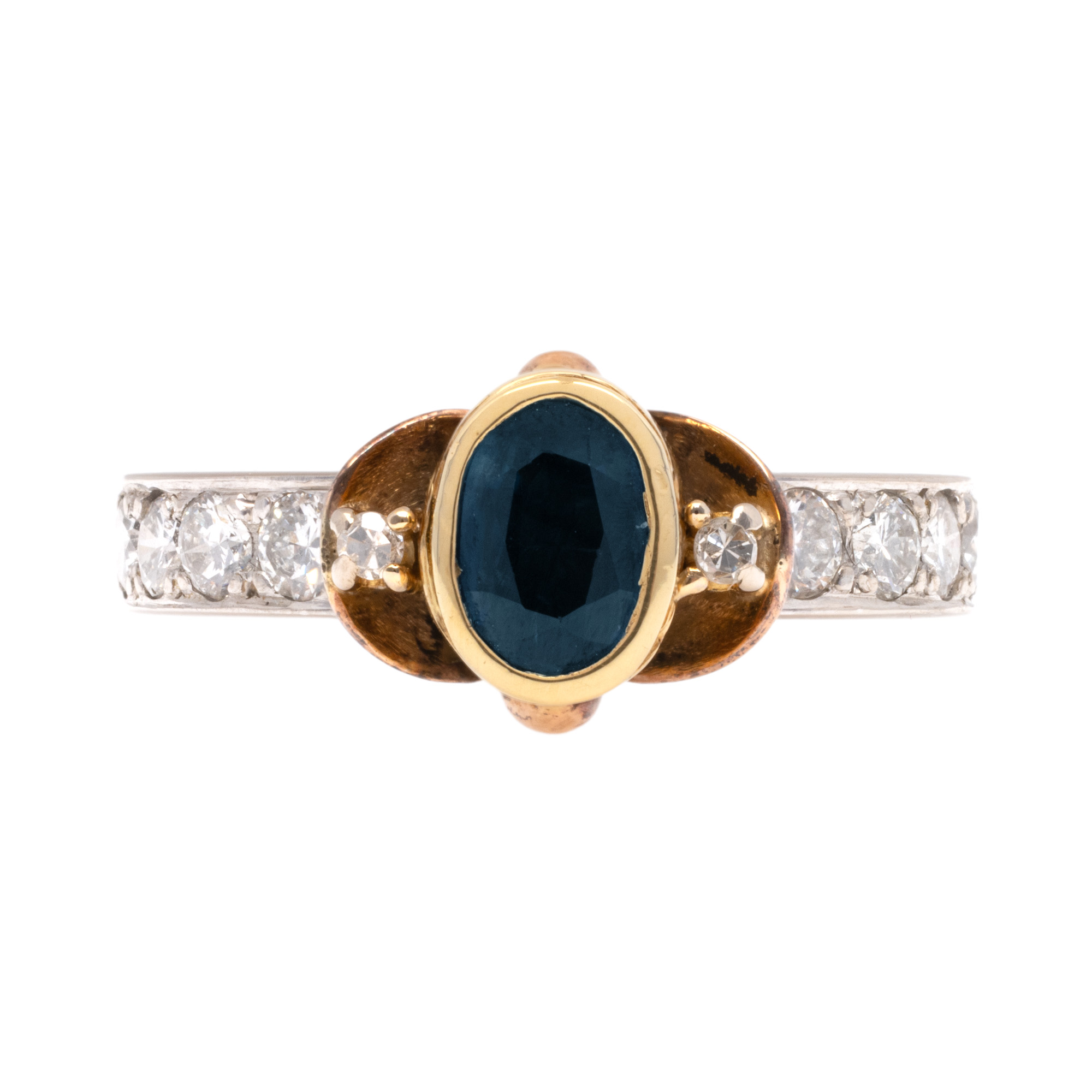 Inel infinity din aur bicolor, decorat cu safir și diamante, însoțit de certificat gemologic suplimentar