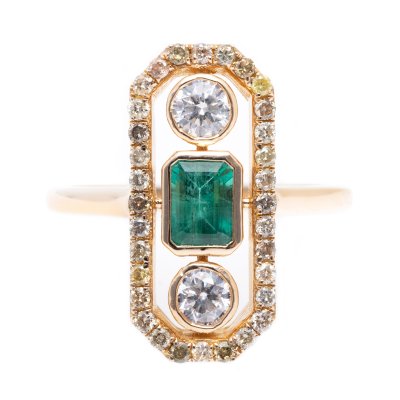 Art Deco style ring, in gold, adorned with emerald and diamonds, accompanied by a GSI gemological certificate