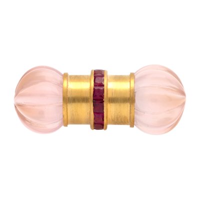 Inel din aur, decorat cu rubine și cuarț roz sculptat, însoțit de certificat gemologic GSI