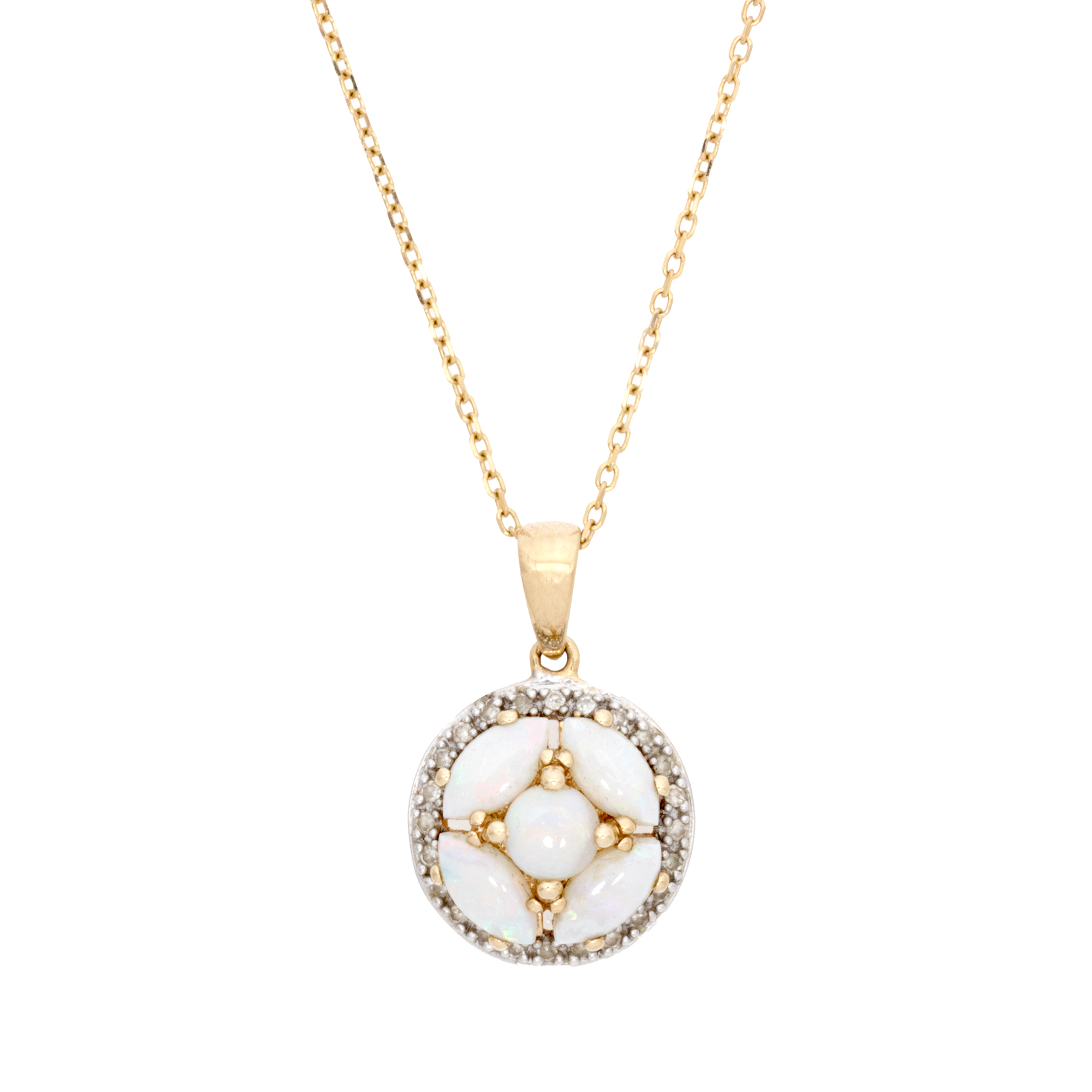Gold chain with circular pendant, decorated with diamonds and opals