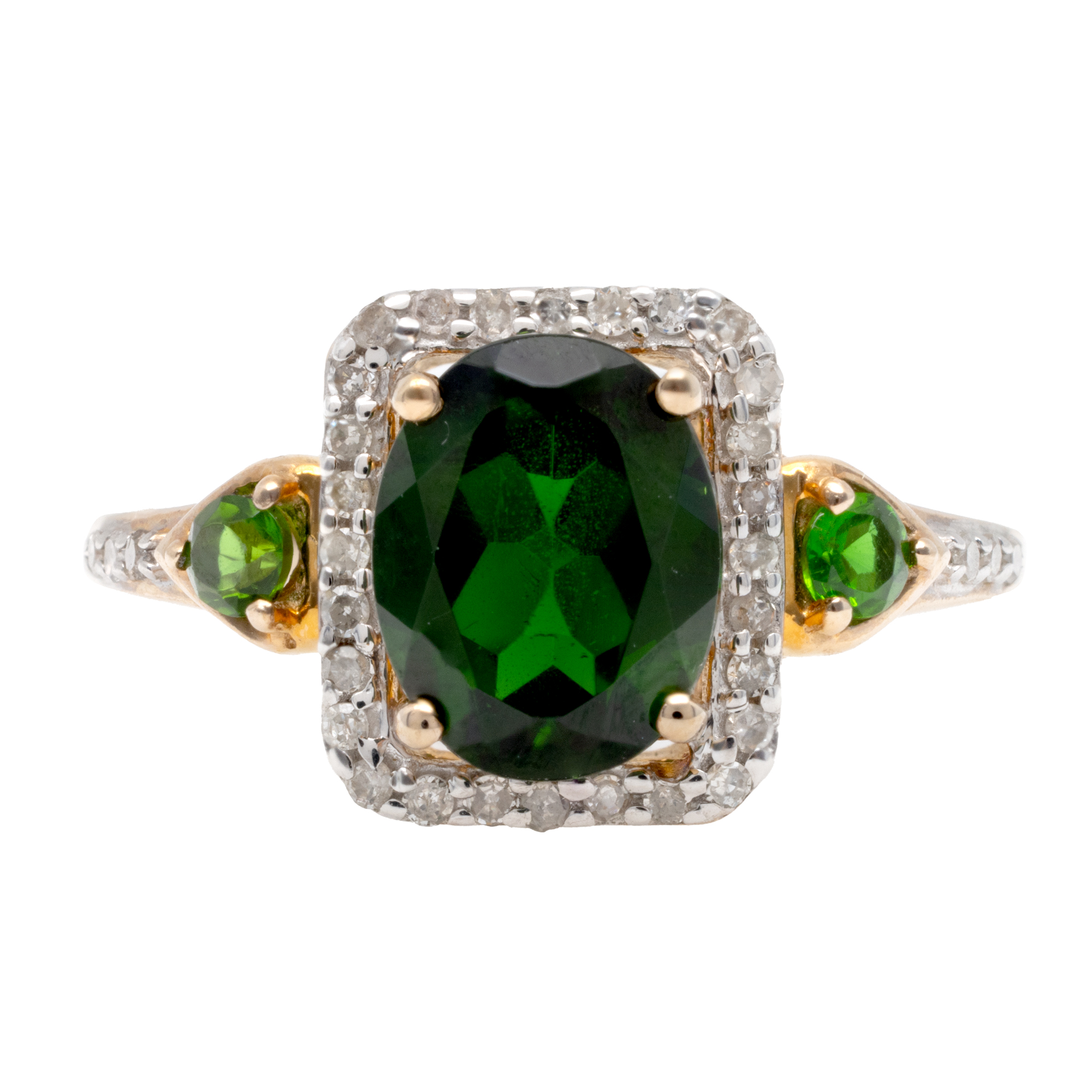 Gold ring, decorated with chrome diopside and diamonds