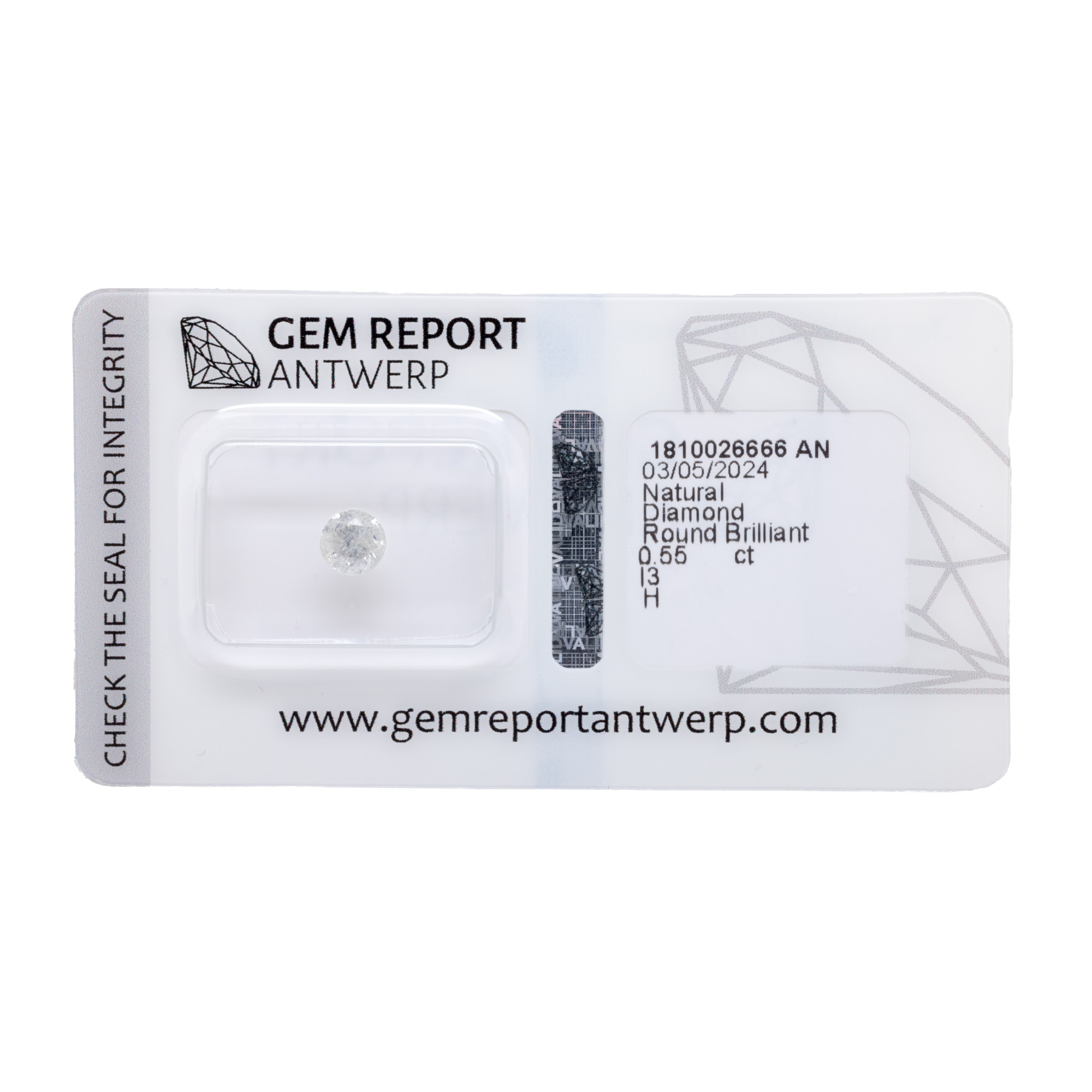 Round brilliant diamond, approx. 0.55 ct, H color, I3 clarity, accompanied by Antwerp gemological certificate