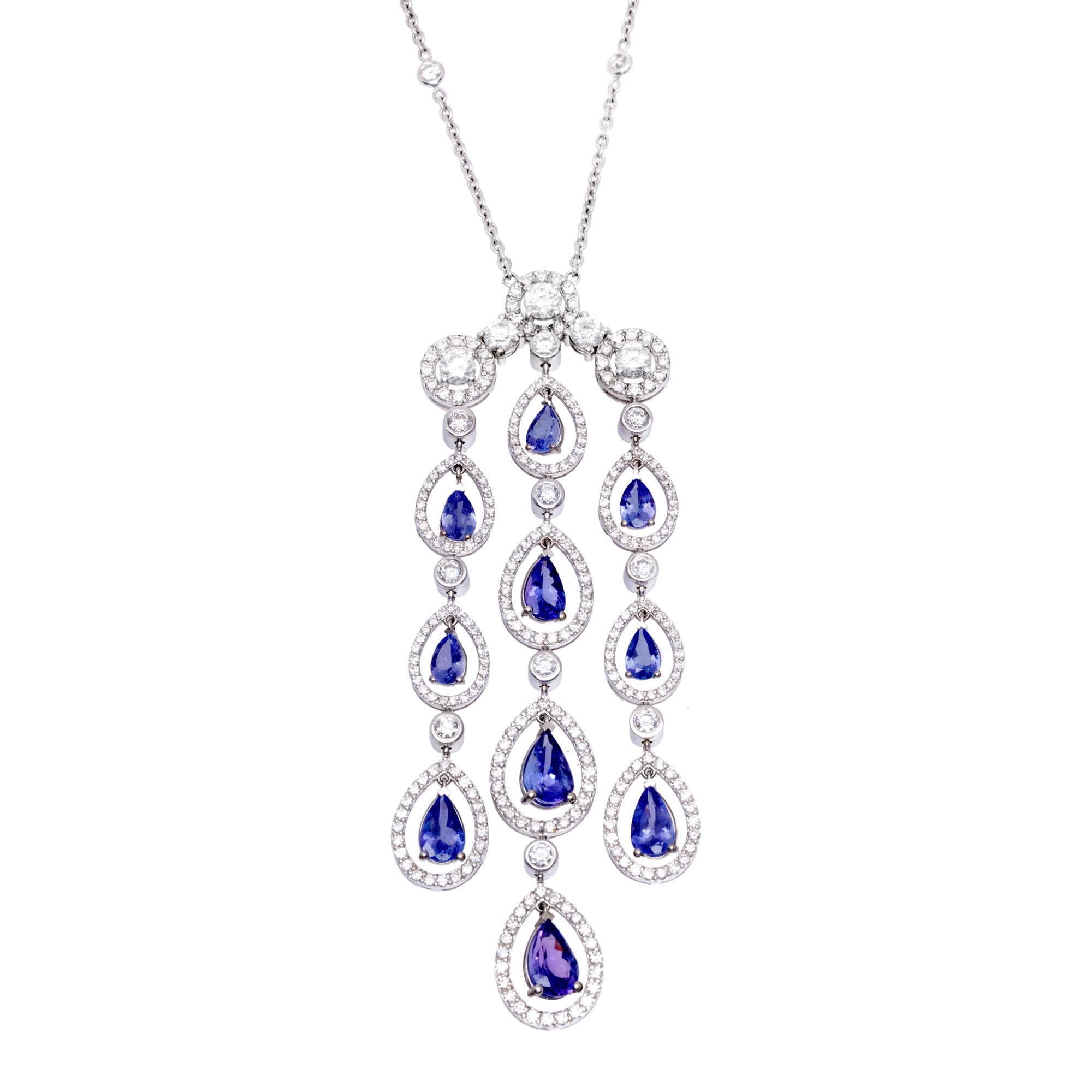 Colier din aur alb, decorat cu ploaie de tanzanite și diamante, însoțit de certificat gemologic suplimentar