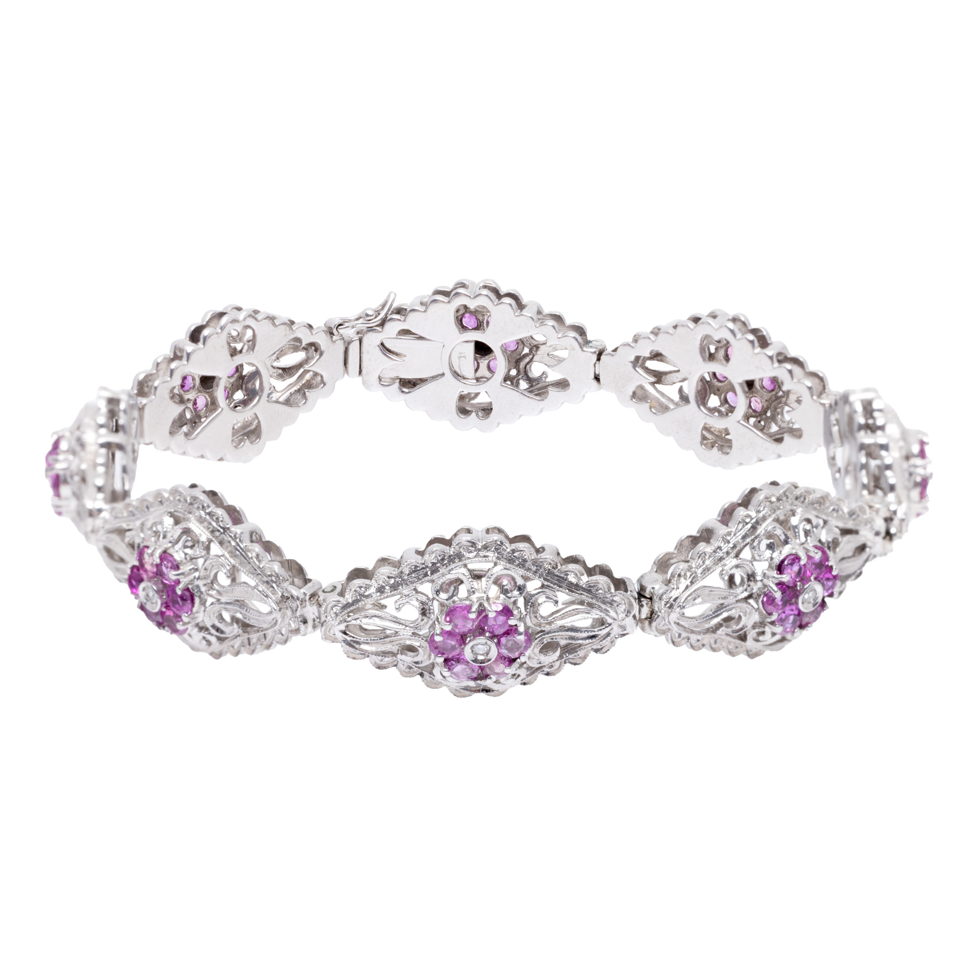 Brățară din aur alb, cu model floral, decorată cu safire și diamante, însoțită de certificat gemologic suplimentar