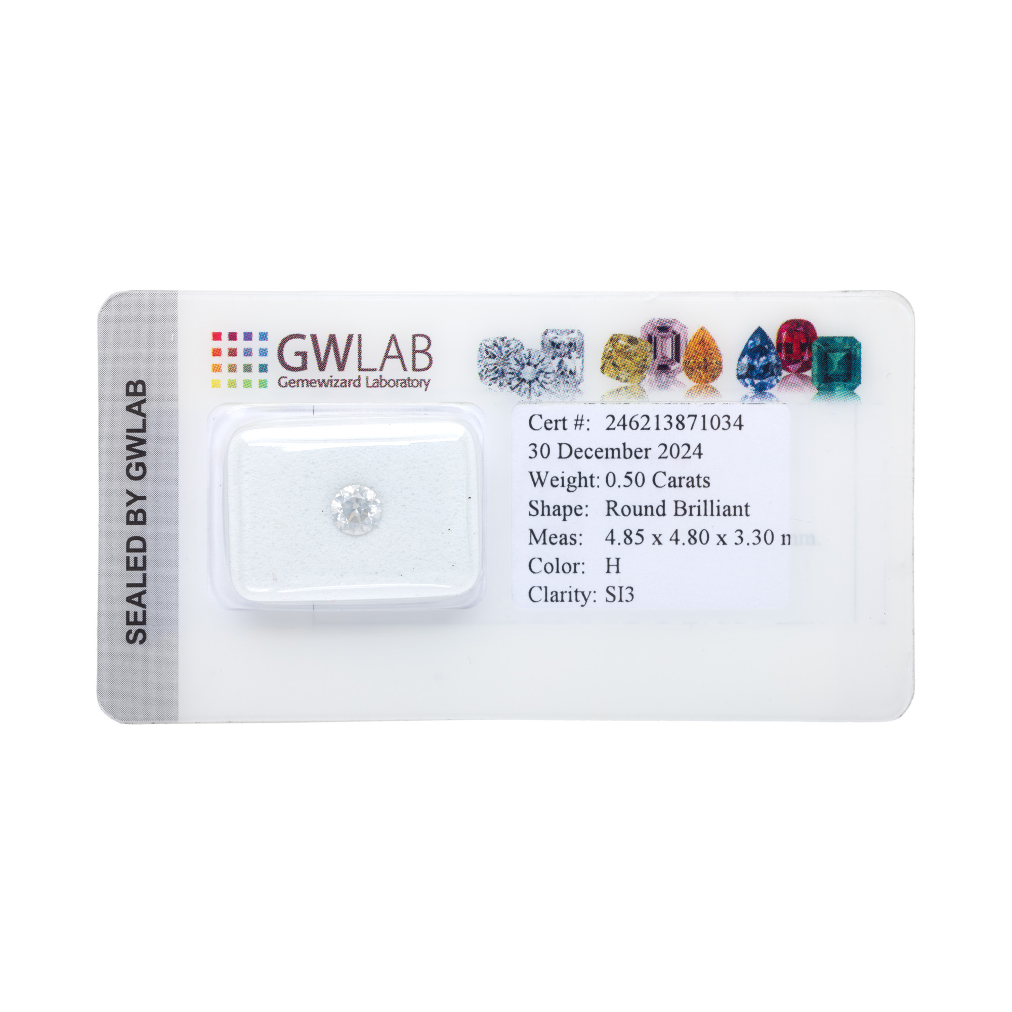 Round Brilliant Diamond, approx. 0.50 ct., accompanied by GWLAB certificate