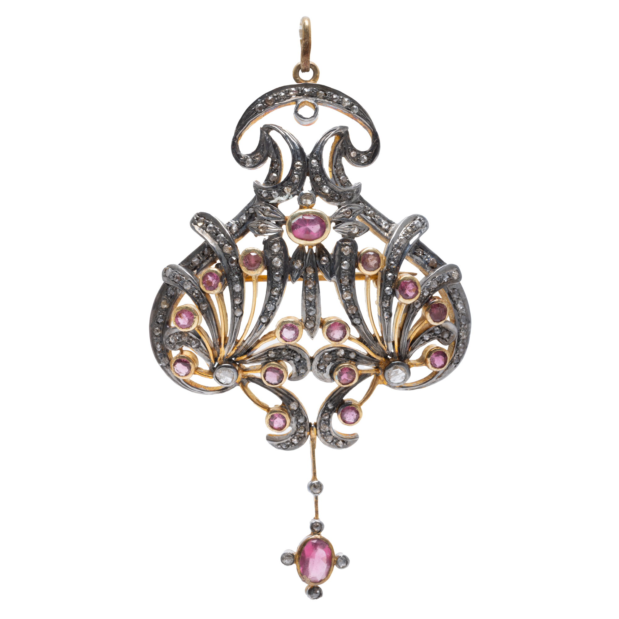 Silver brooch-pendant decorated with diamonds and pink tourmaline