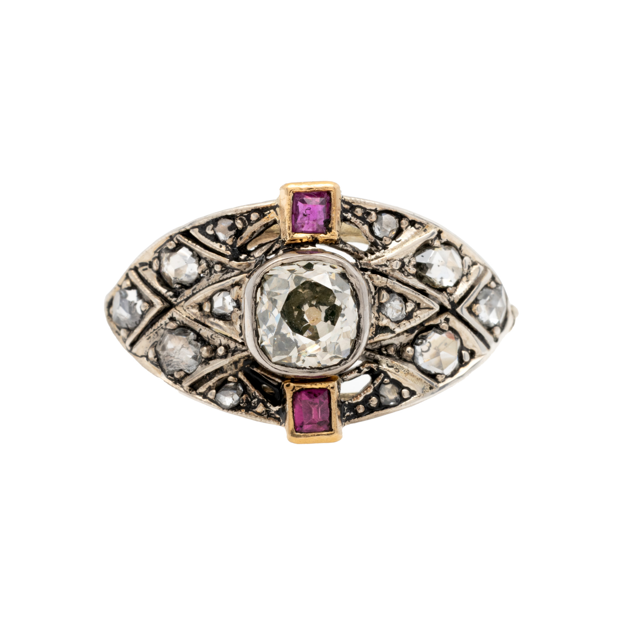 Gold and Silver Ring, adorned with Diamonds and two Rubies