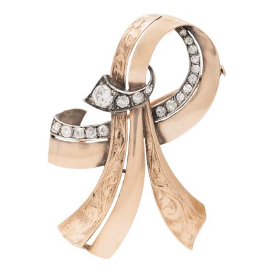 Broșă din aur roșu și galben, decorată cu diamante, cca. 1956