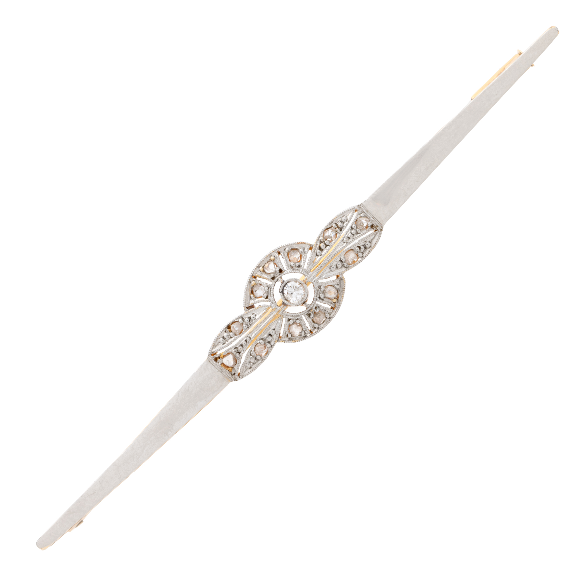 Bicolor gold brooch, in Art Deco style, decorated with diamonds