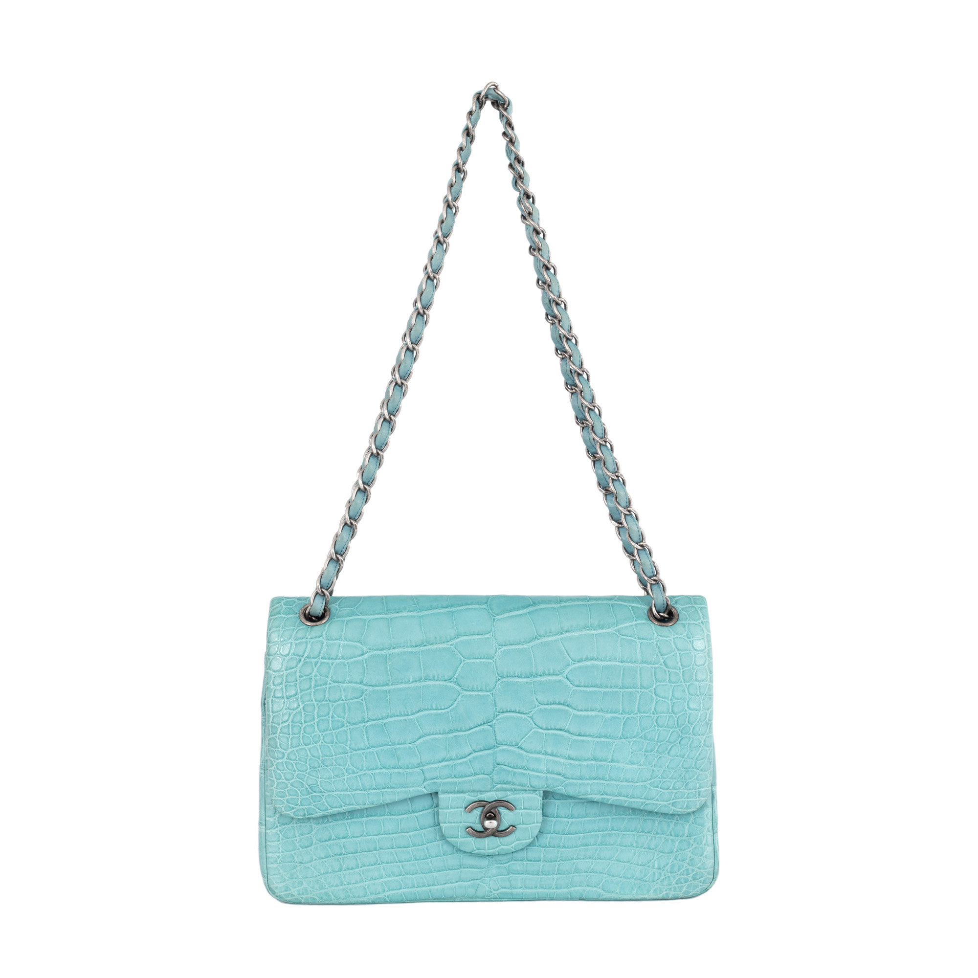 Geantă Chanel, model 2.55, din piele de crocodil, vine însoțită de cardul de autenticitate și dust bag