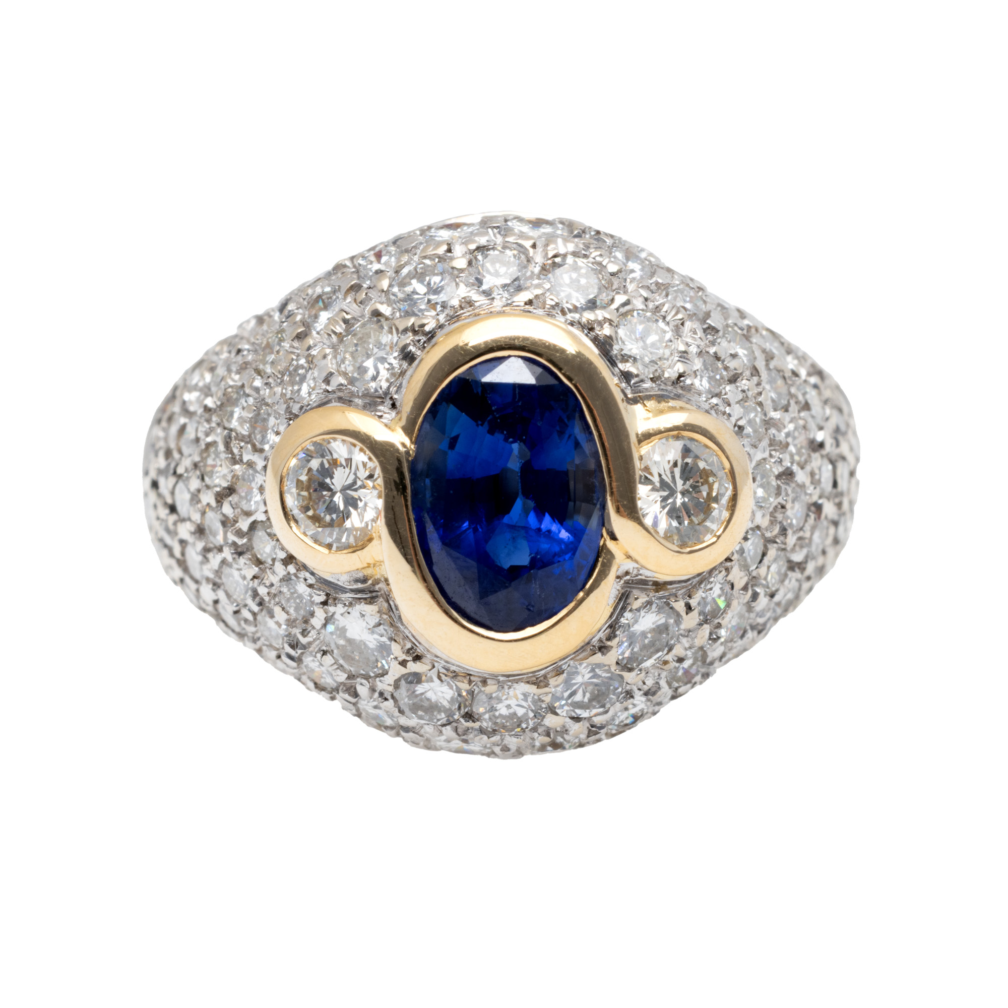 Gold ring, paved with diamonds and central sapphire