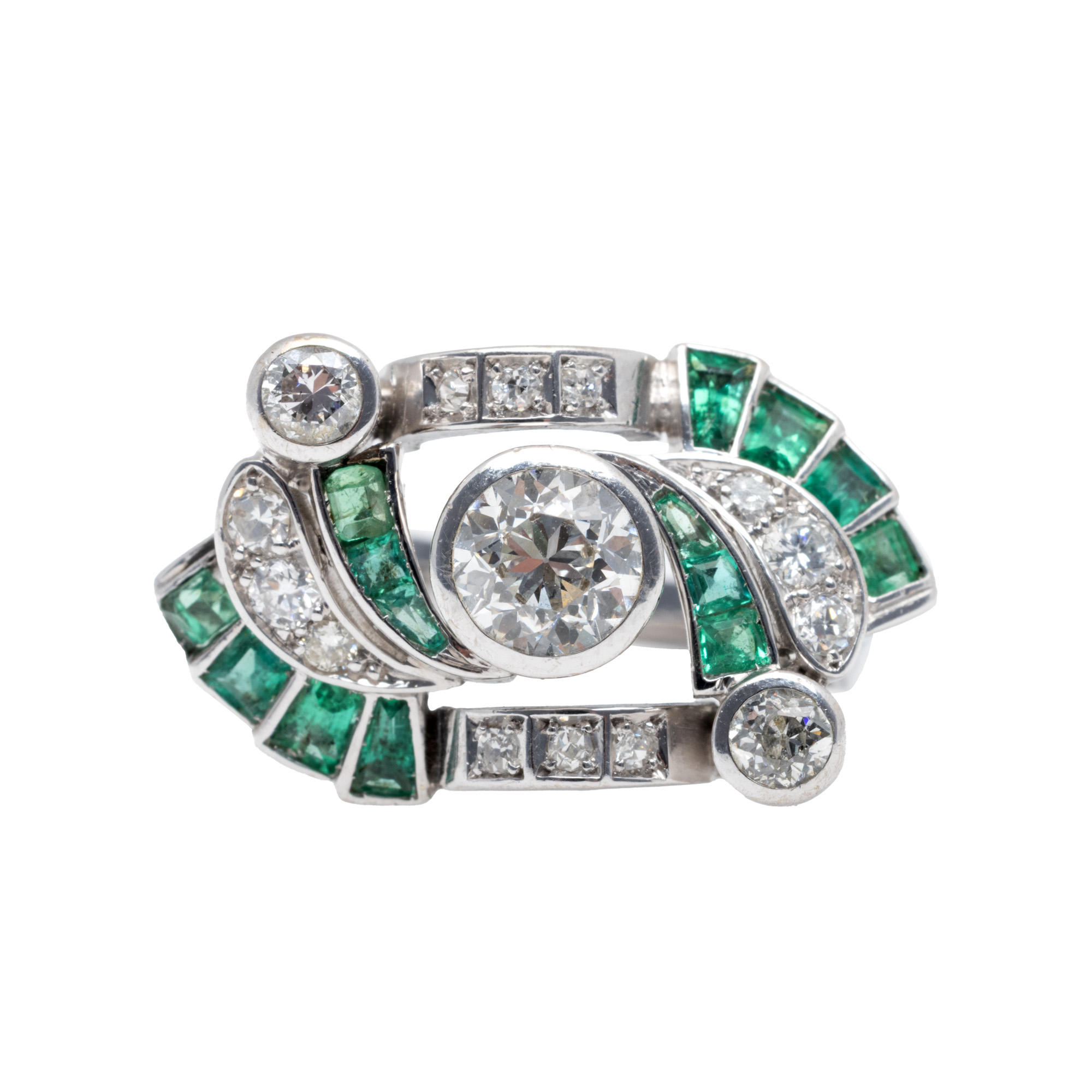 Art Deco Ring, from White Gold, Decorated with Emeralds and Diamonds