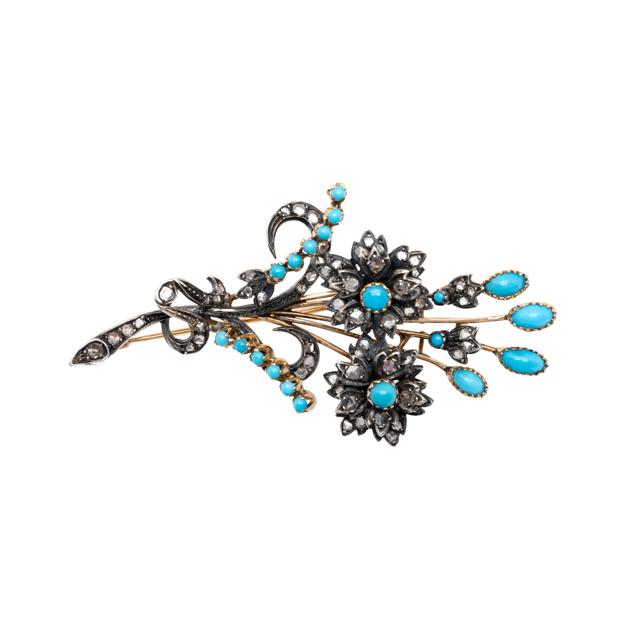 Remarcabilă broșă din aur și argint, sub forma unui buchet de flori, decorat cu turcoaze și diamante