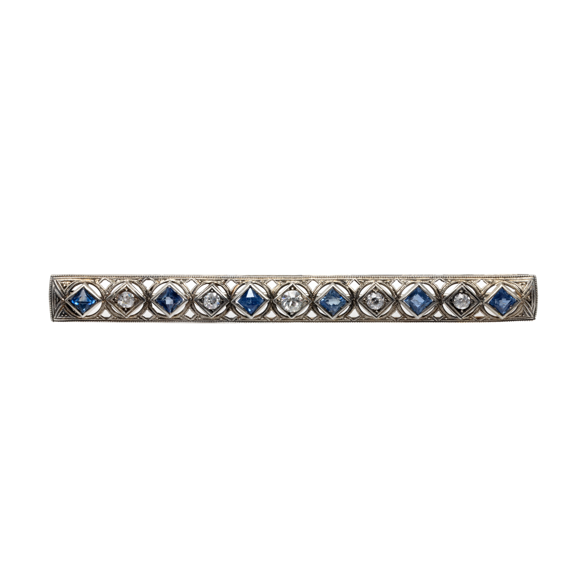 Art Deco style brooch in white gold, adorned alternately with sapphires and diamonds
