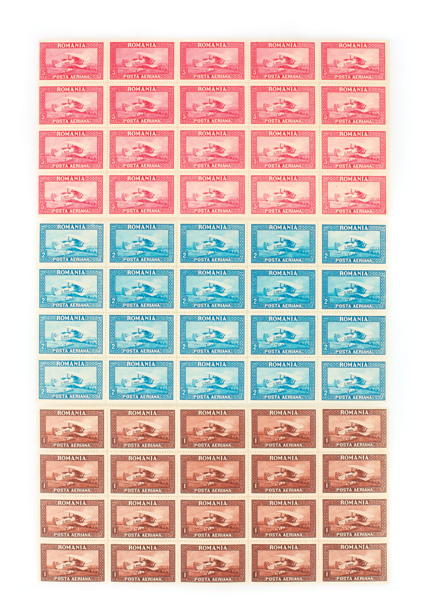 Series of "Air Mail" sheets, 1928 with horizontal watermark, unused, in a block of 20 stamps